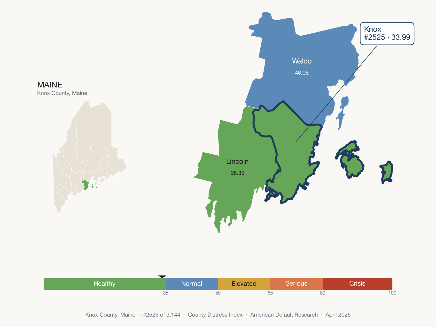 County Distress Index cluster map. Knox County, Maine and its neighbors colored by distress fifth.