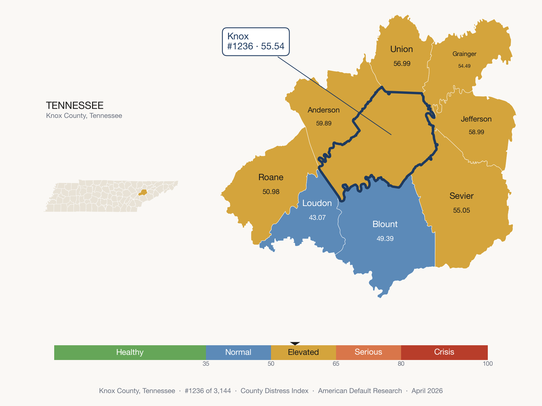 County Distress Index cluster map. Knox County, Tennessee and its neighbors colored by distress fifth.
