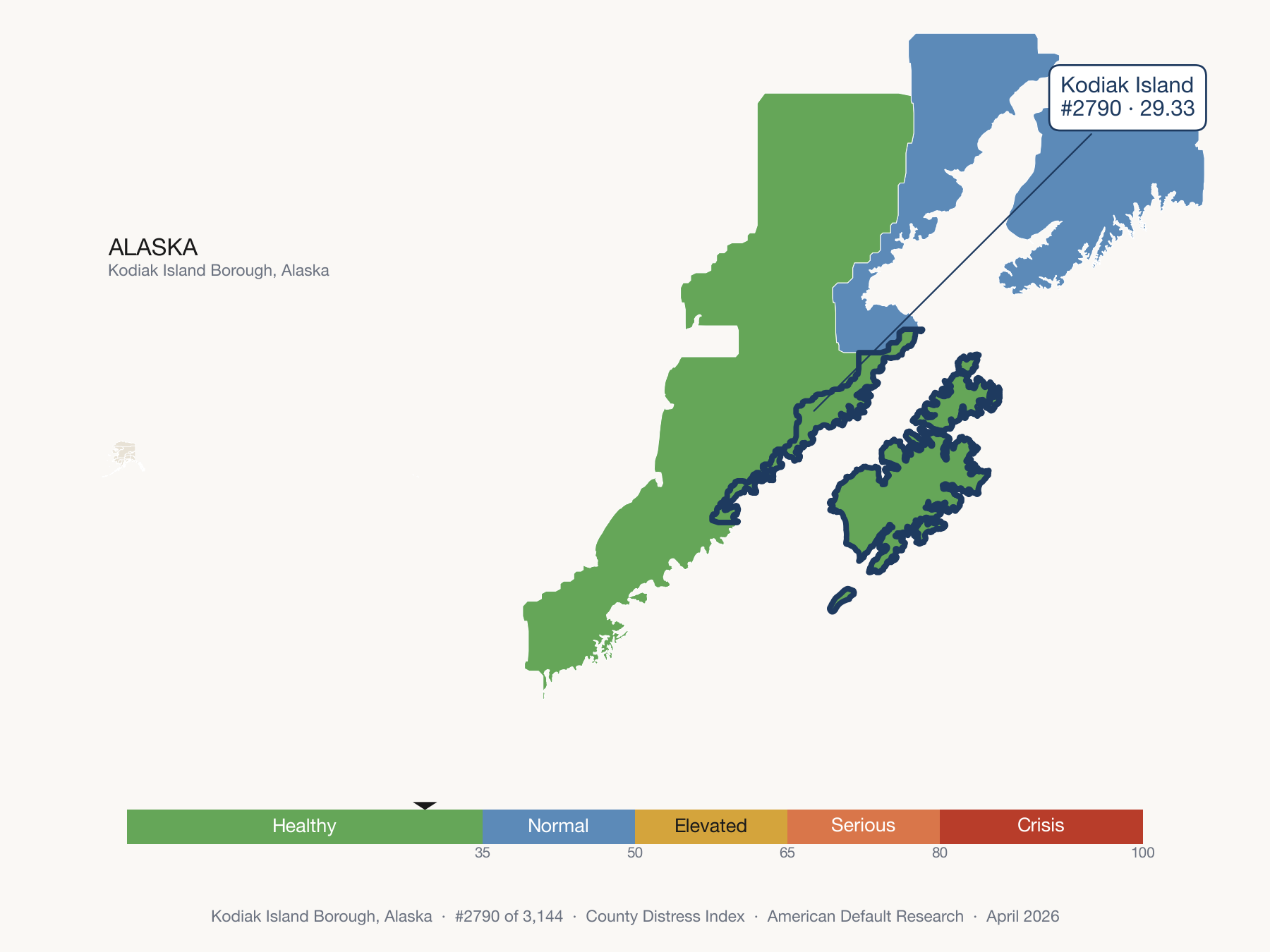 County Distress Index cluster map. Kodiak Island Borough, Alaska and its neighbors colored by distress fifth.