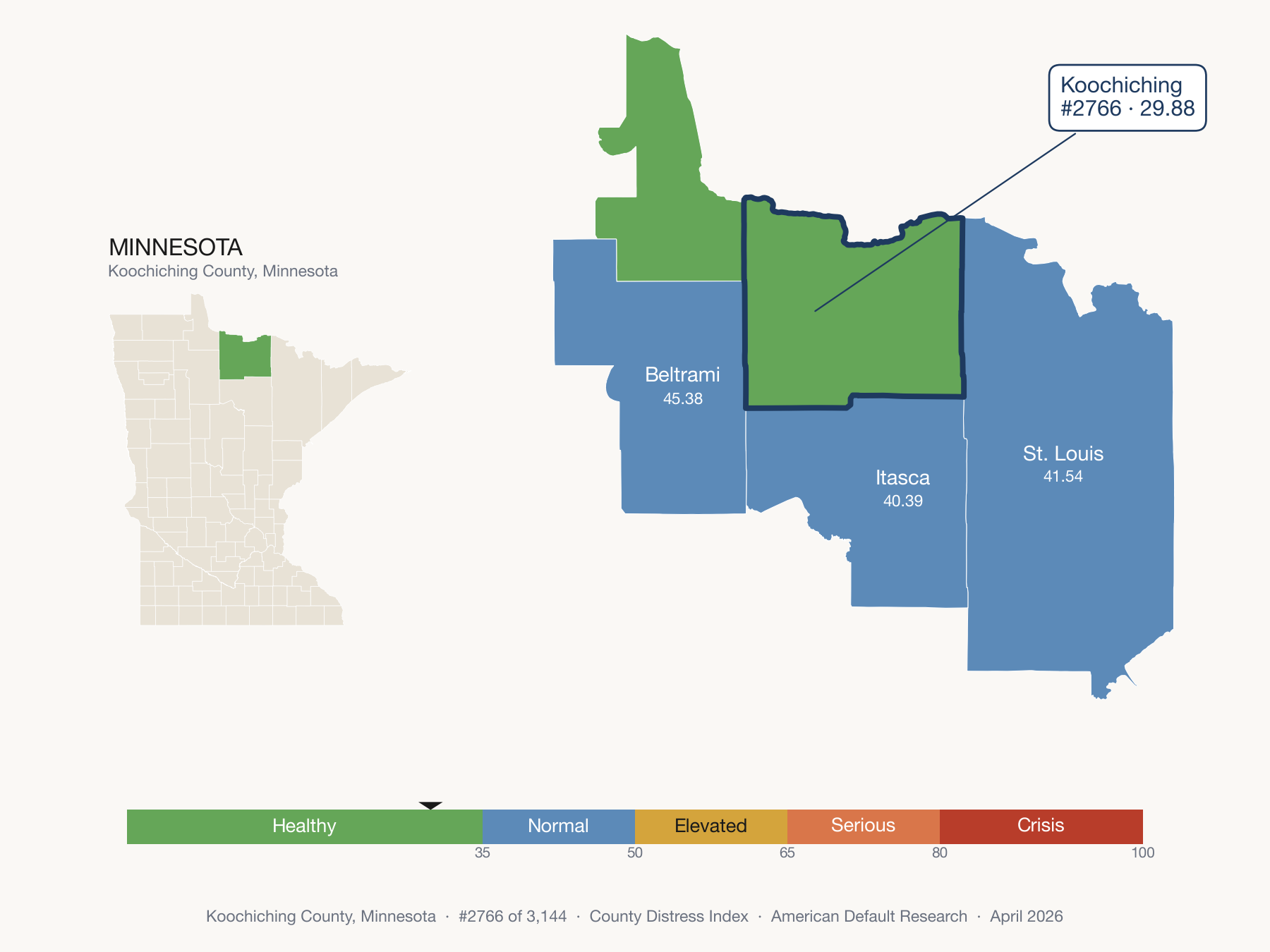 County Distress Index cluster map. Koochiching County, Minnesota and its neighbors colored by distress fifth.