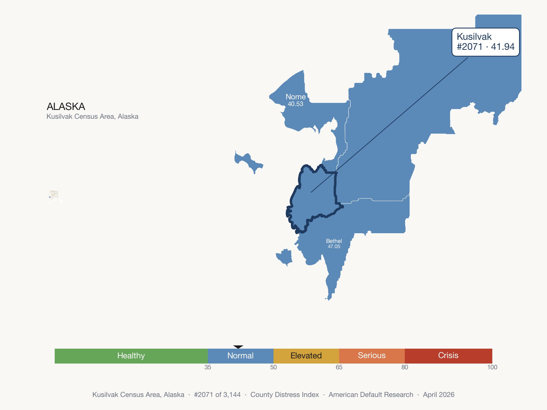 County Distress Index cluster map. Kusilvak Census Area, Alaska and its neighbors colored by distress fifth.