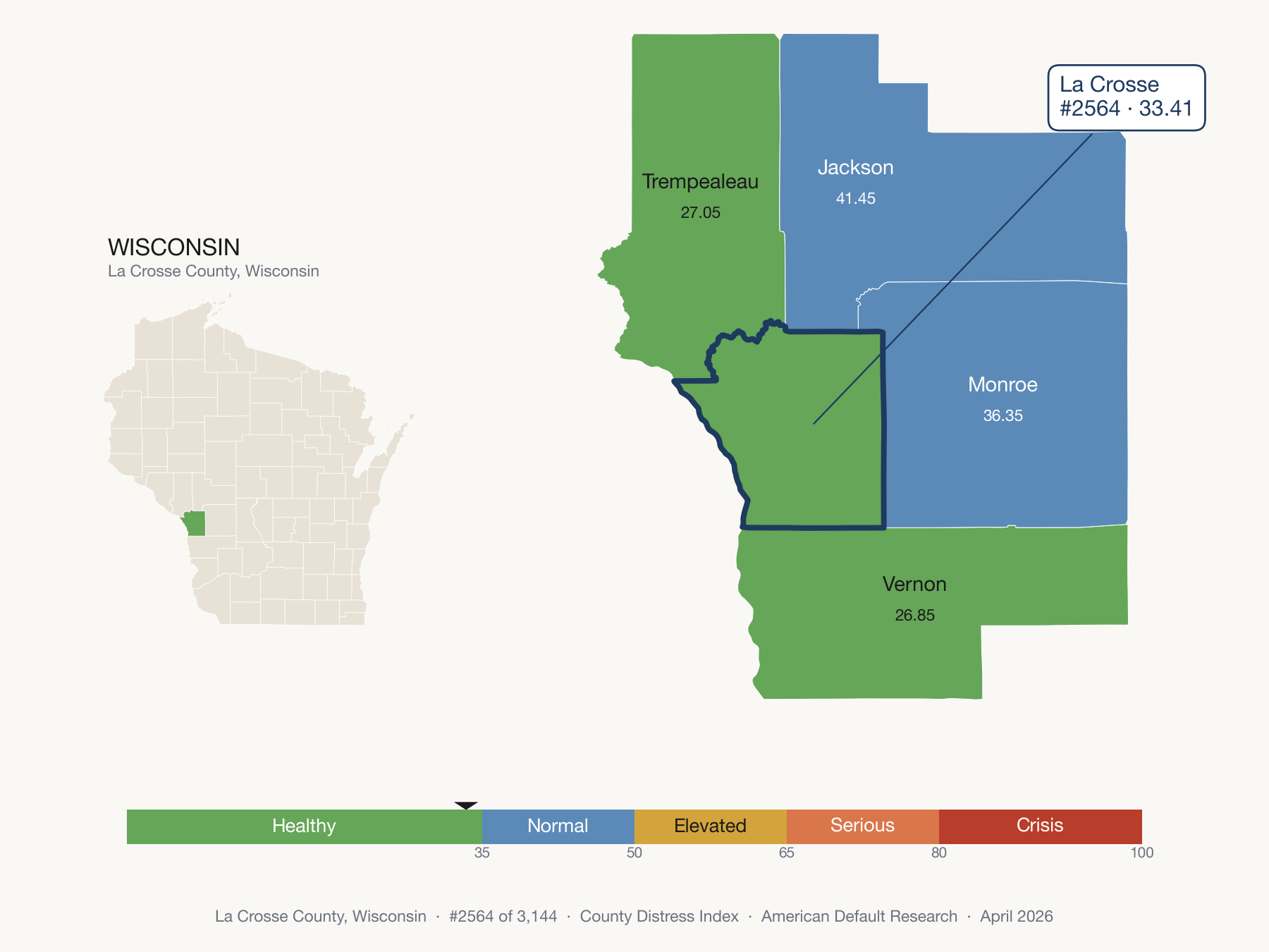 County Distress Index cluster map. La Crosse County, Wisconsin and its neighbors colored by distress fifth.