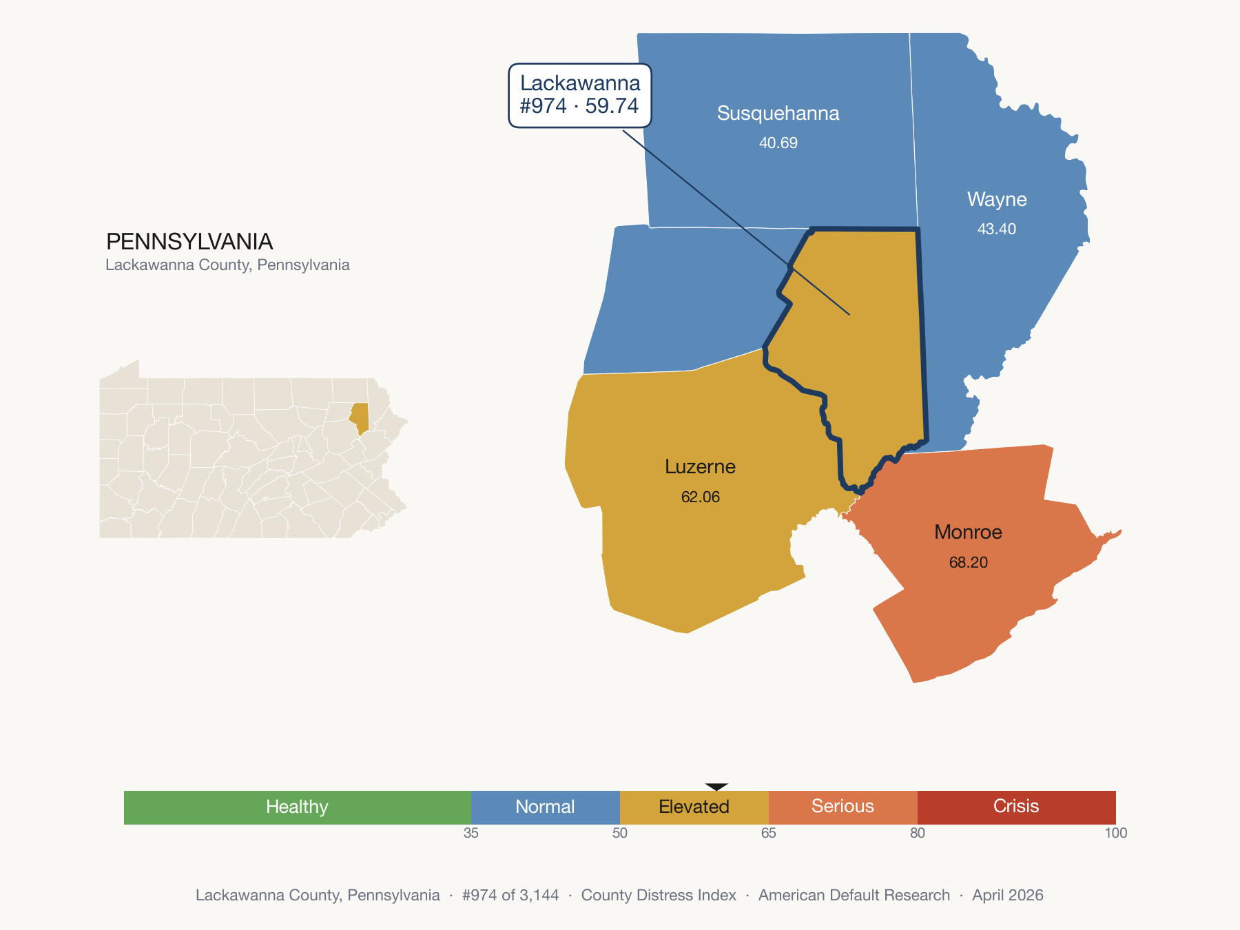 County Distress Index cluster map. Lackawanna County, Pennsylvania and its neighbors colored by distress fifth.