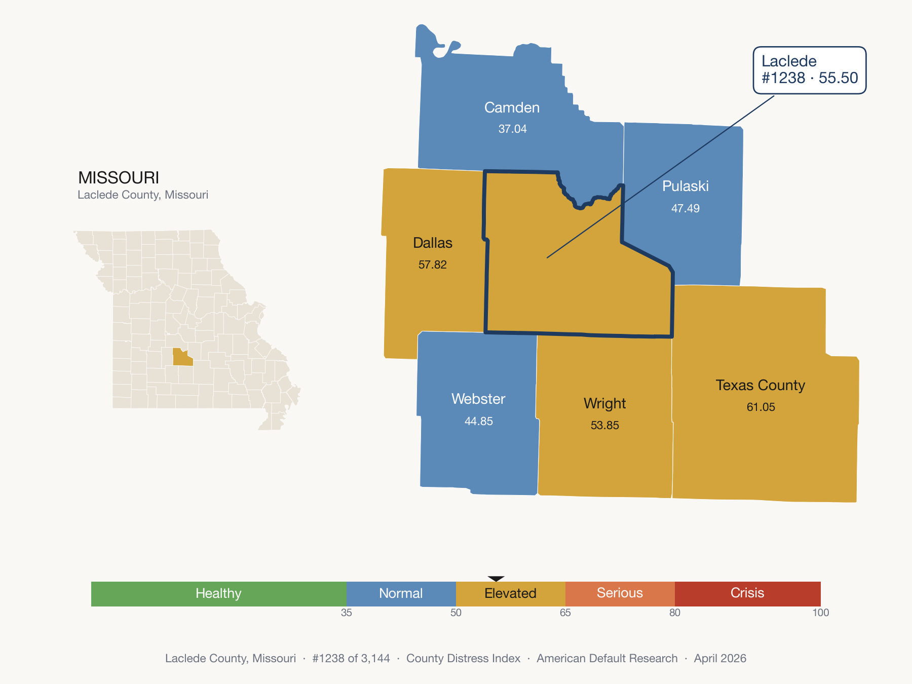 County Distress Index cluster map. Laclede County, Missouri and its neighbors colored by distress fifth.