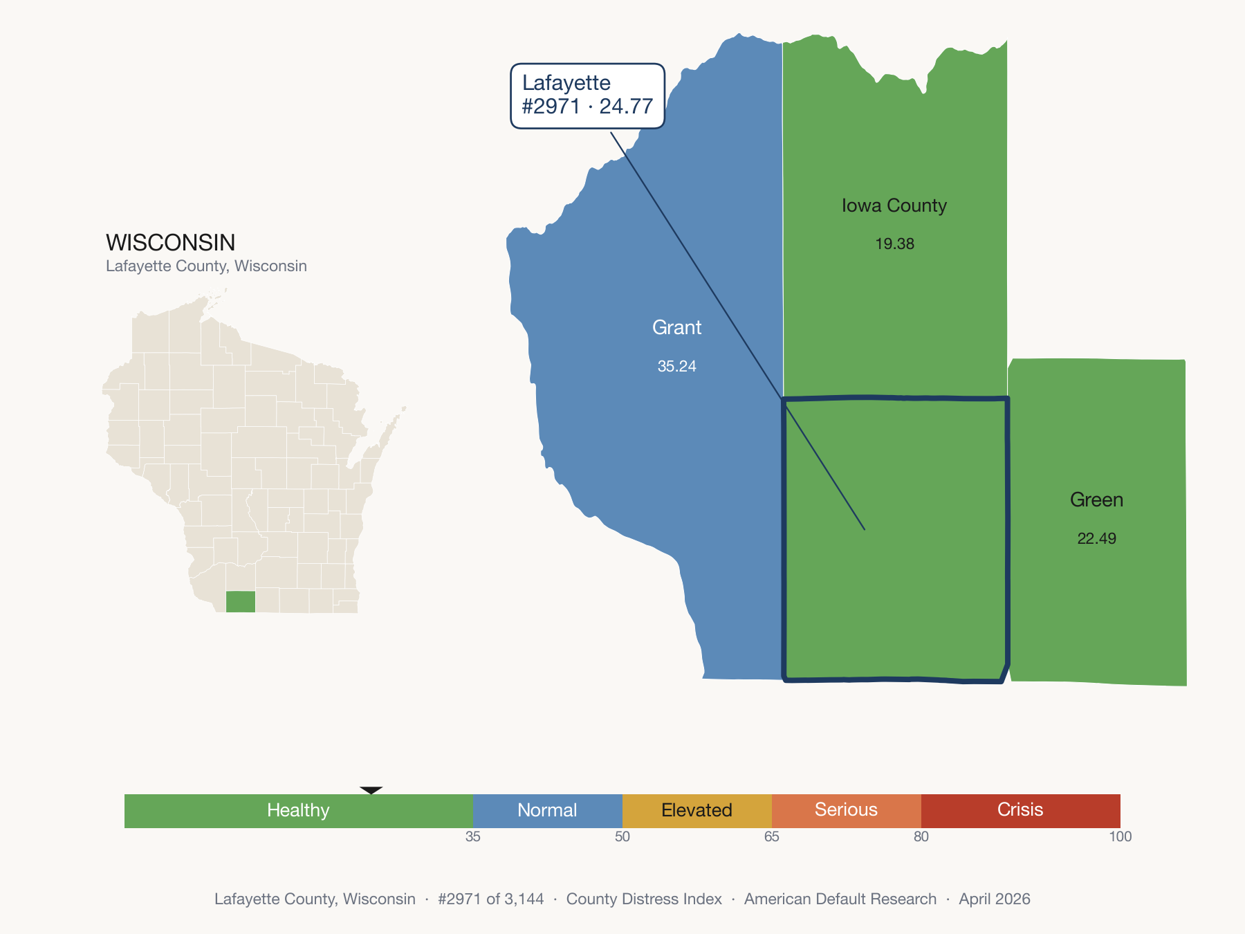 County Distress Index cluster map. Lafayette County, Wisconsin and its neighbors colored by distress fifth.