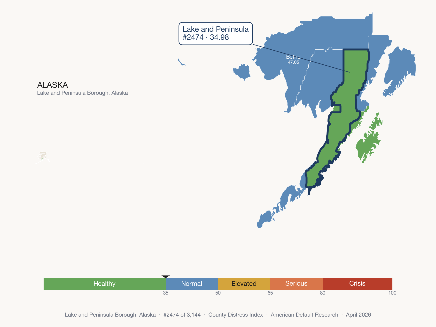 County Distress Index cluster map. Lake and Peninsula Borough, Alaska and its neighbors colored by distress fifth.