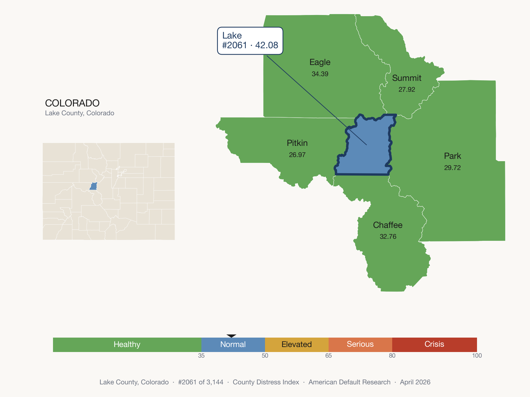 County Distress Index cluster map. Lake County, Colorado and its neighbors colored by distress fifth.