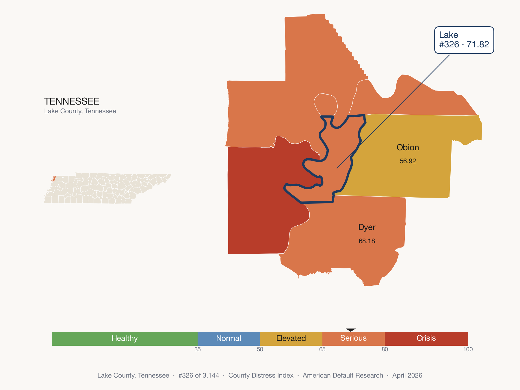 County Distress Index cluster map. Lake County, Tennessee and its neighbors colored by distress fifth.
