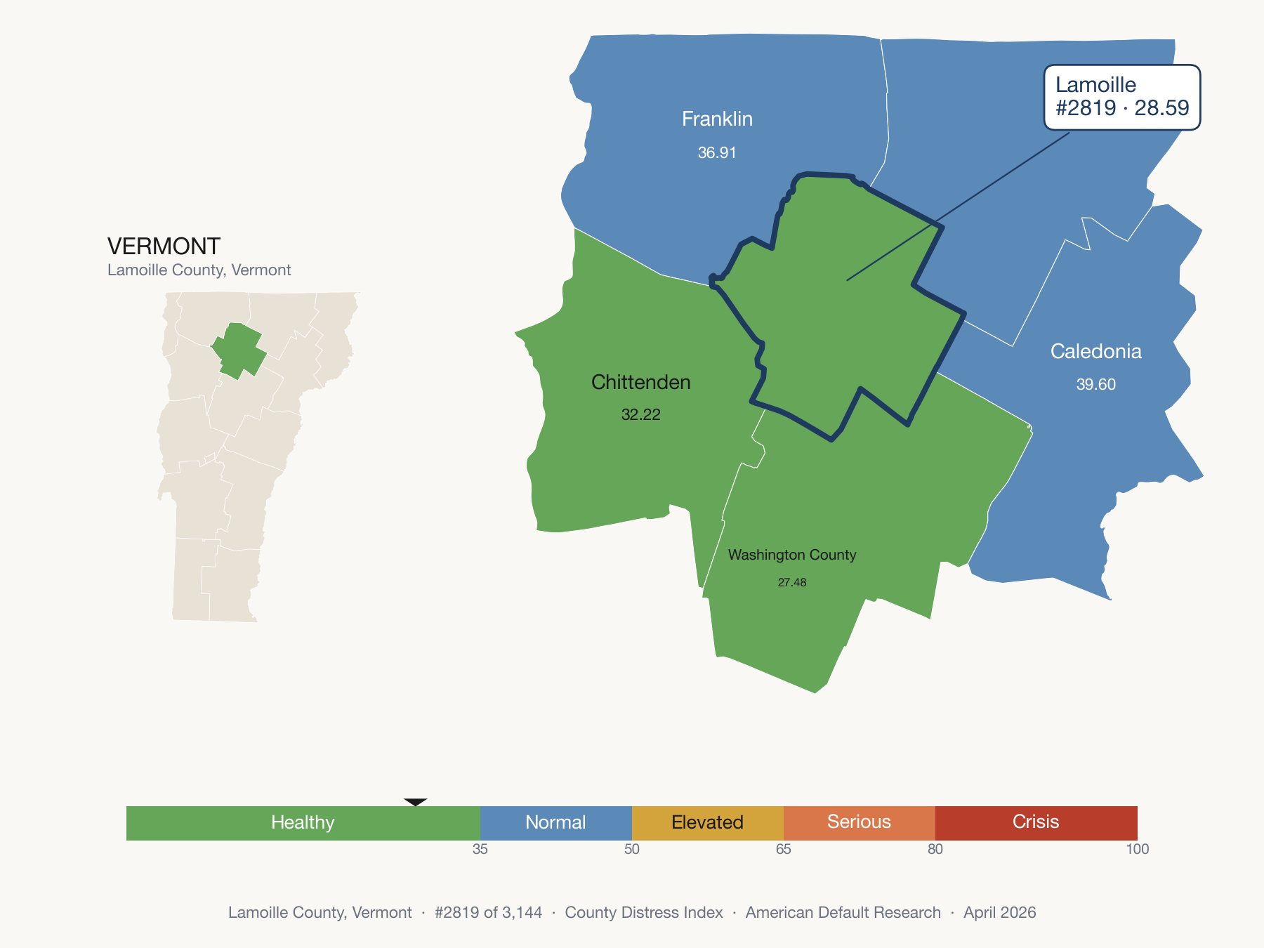 County Distress Index cluster map. Lamoille County, Vermont and its neighbors colored by distress fifth.