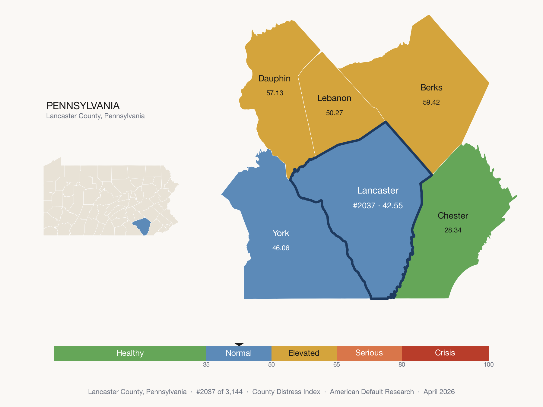 County Distress Index cluster map. Lancaster County, Pennsylvania and its neighbors colored by distress fifth.