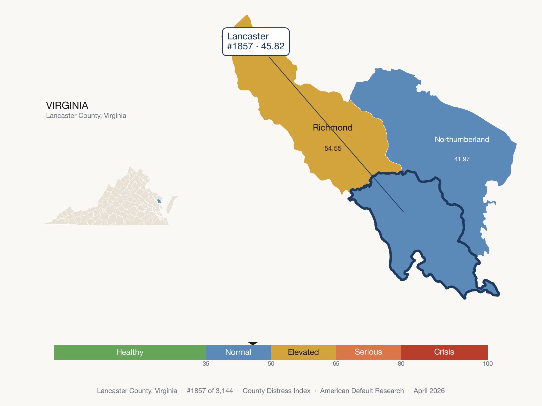 County Distress Index cluster map. Lancaster County, Virginia and its neighbors colored by distress fifth.