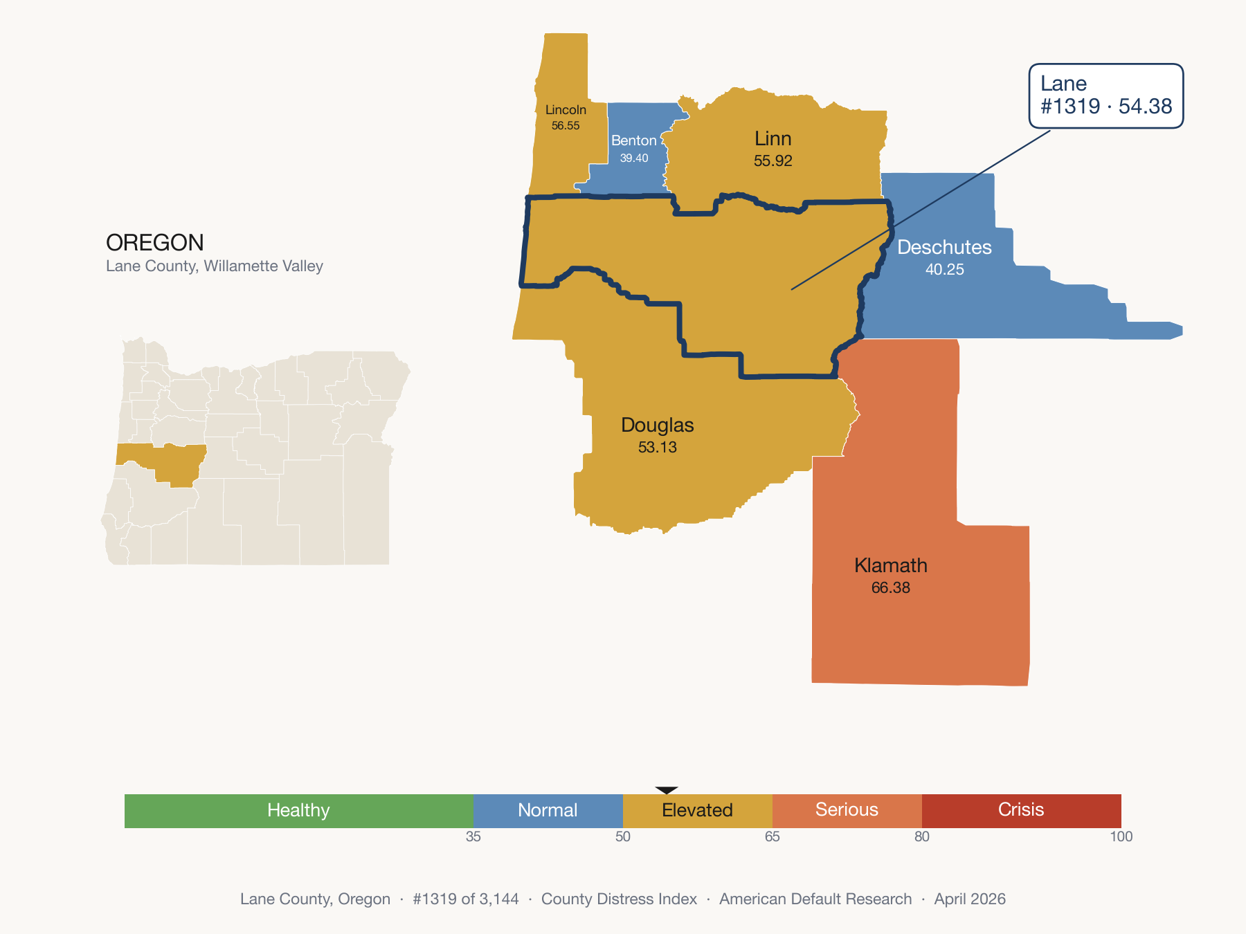 County Distress Index cluster map. Lane County, Oregon and its neighbors colored by distress fifth.