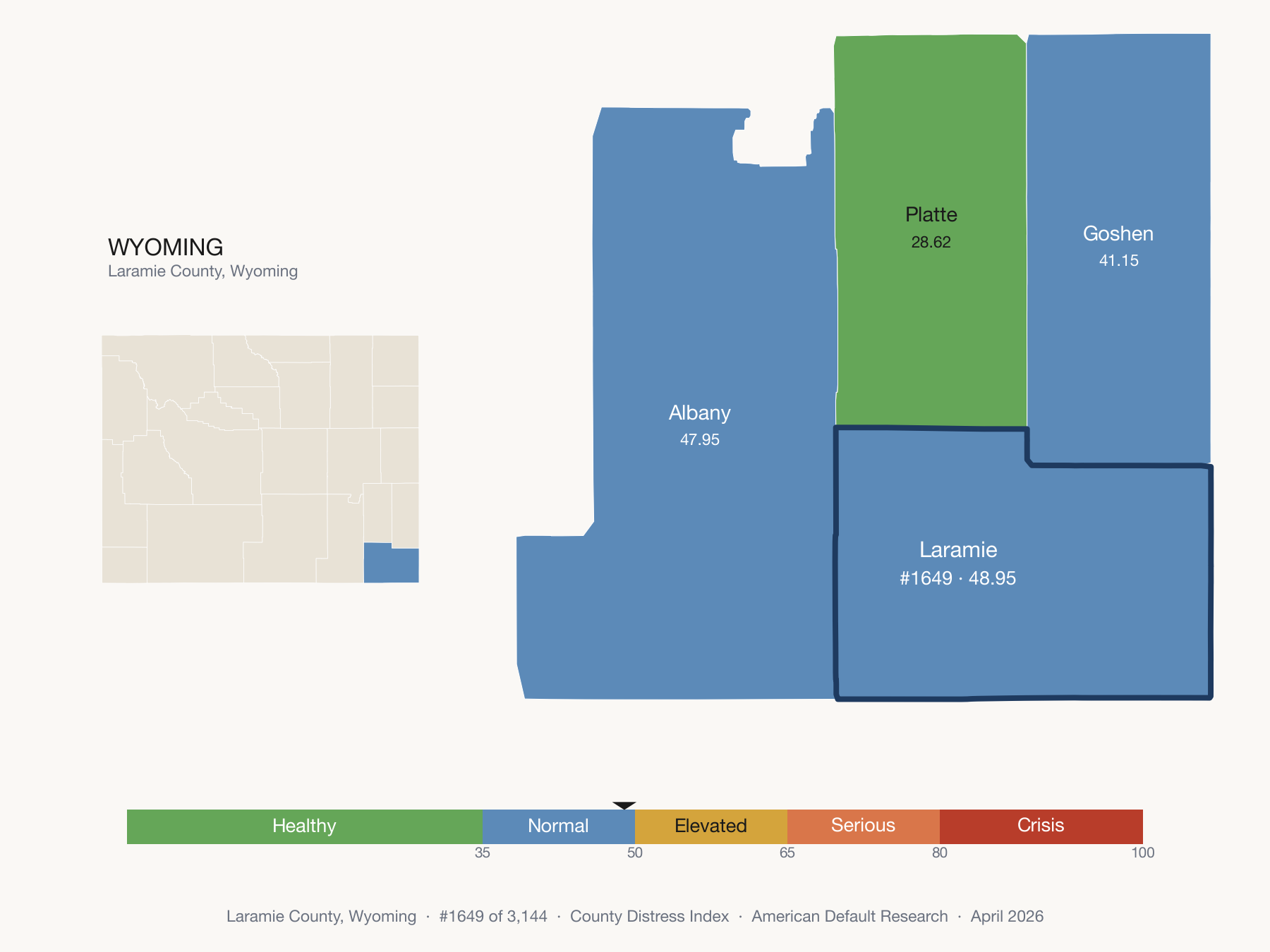 County Distress Index cluster map. Laramie County, Wyoming and its neighbors colored by distress fifth.