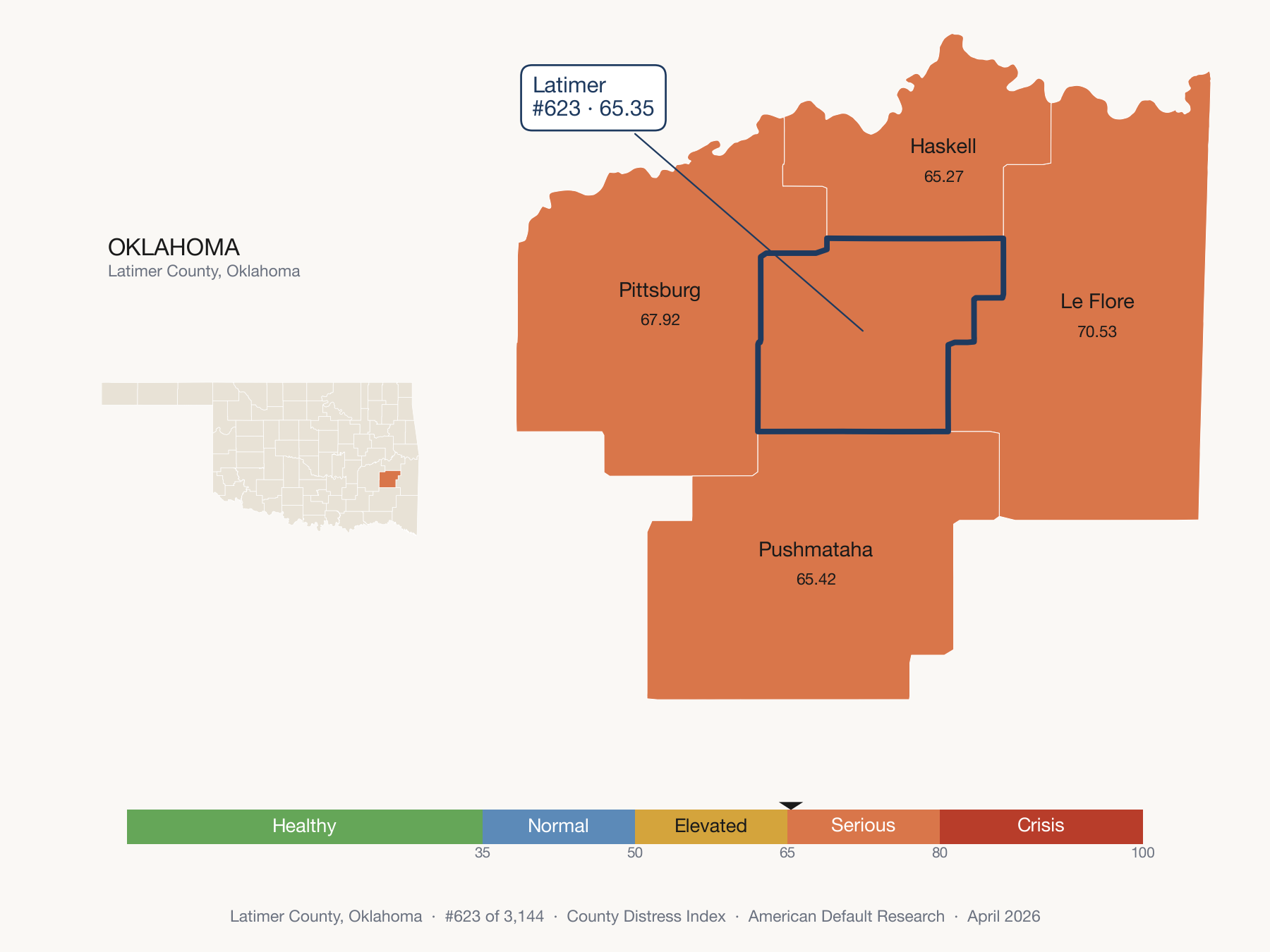 County Distress Index cluster map. Latimer County, Oklahoma and its neighbors colored by distress fifth.