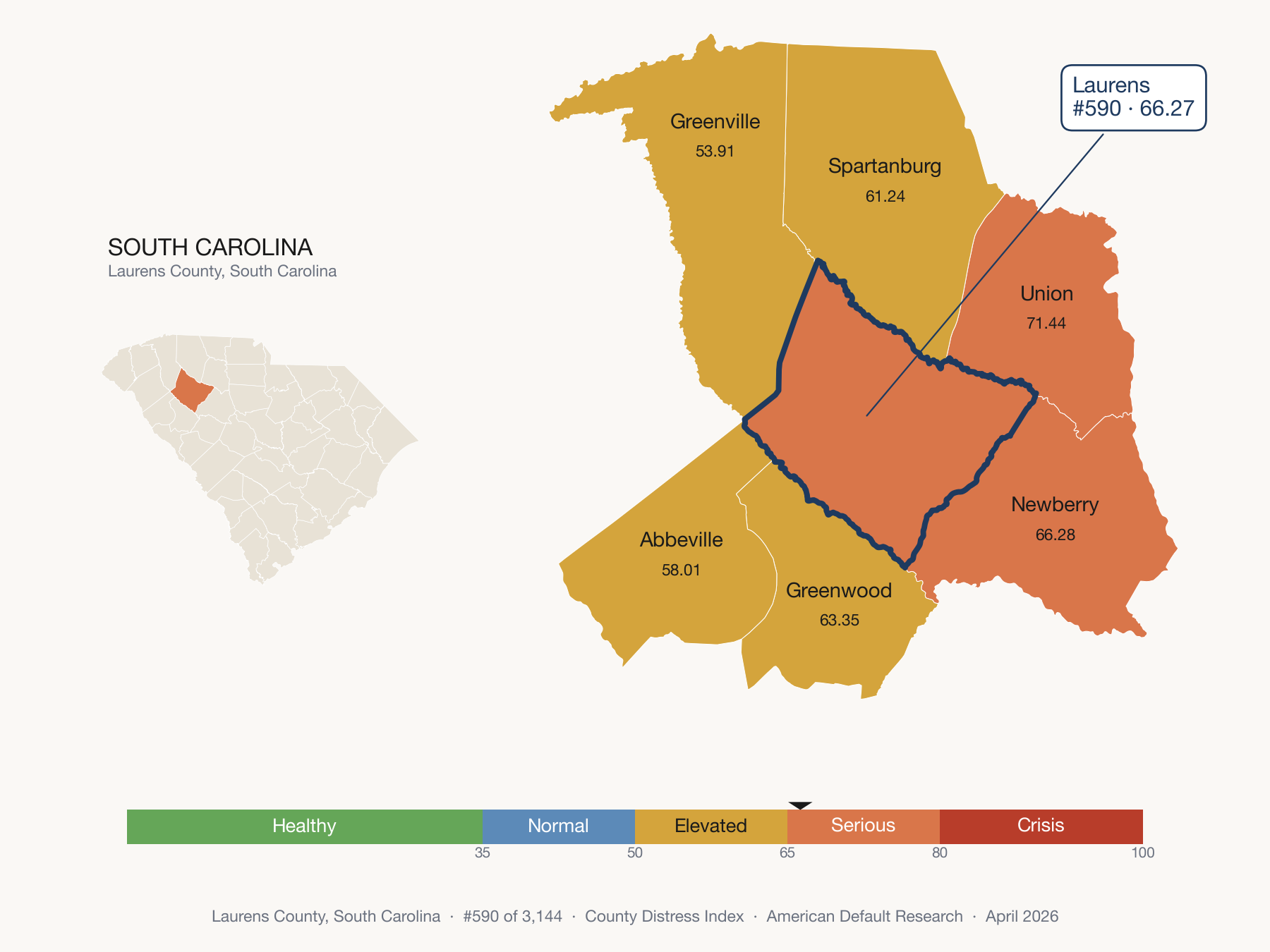 County Distress Index cluster map. Laurens County, South Carolina and its neighbors colored by distress fifth.