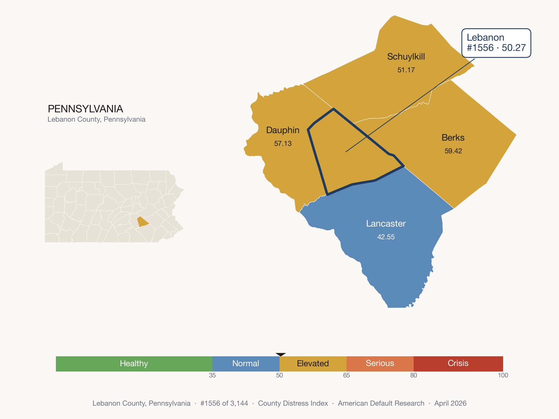 County Distress Index cluster map. Lebanon County, Pennsylvania and its neighbors colored by distress fifth.