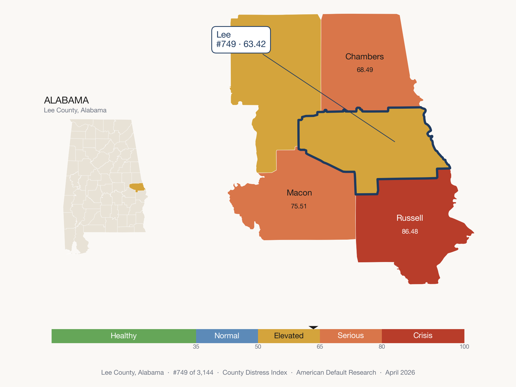 County Distress Index cluster map. Lee County, Alabama and its neighbors colored by distress fifth.