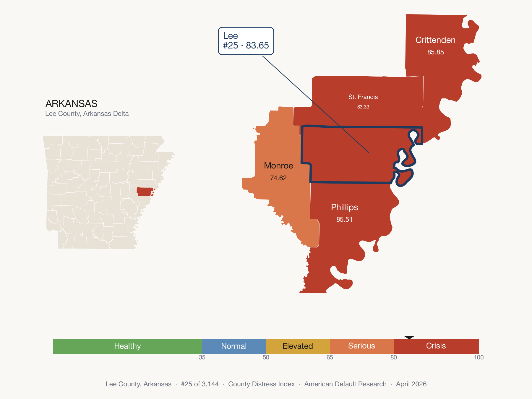 County Distress Index cluster map. Lee County, Arkansas and its neighbors colored by distress fifth.
