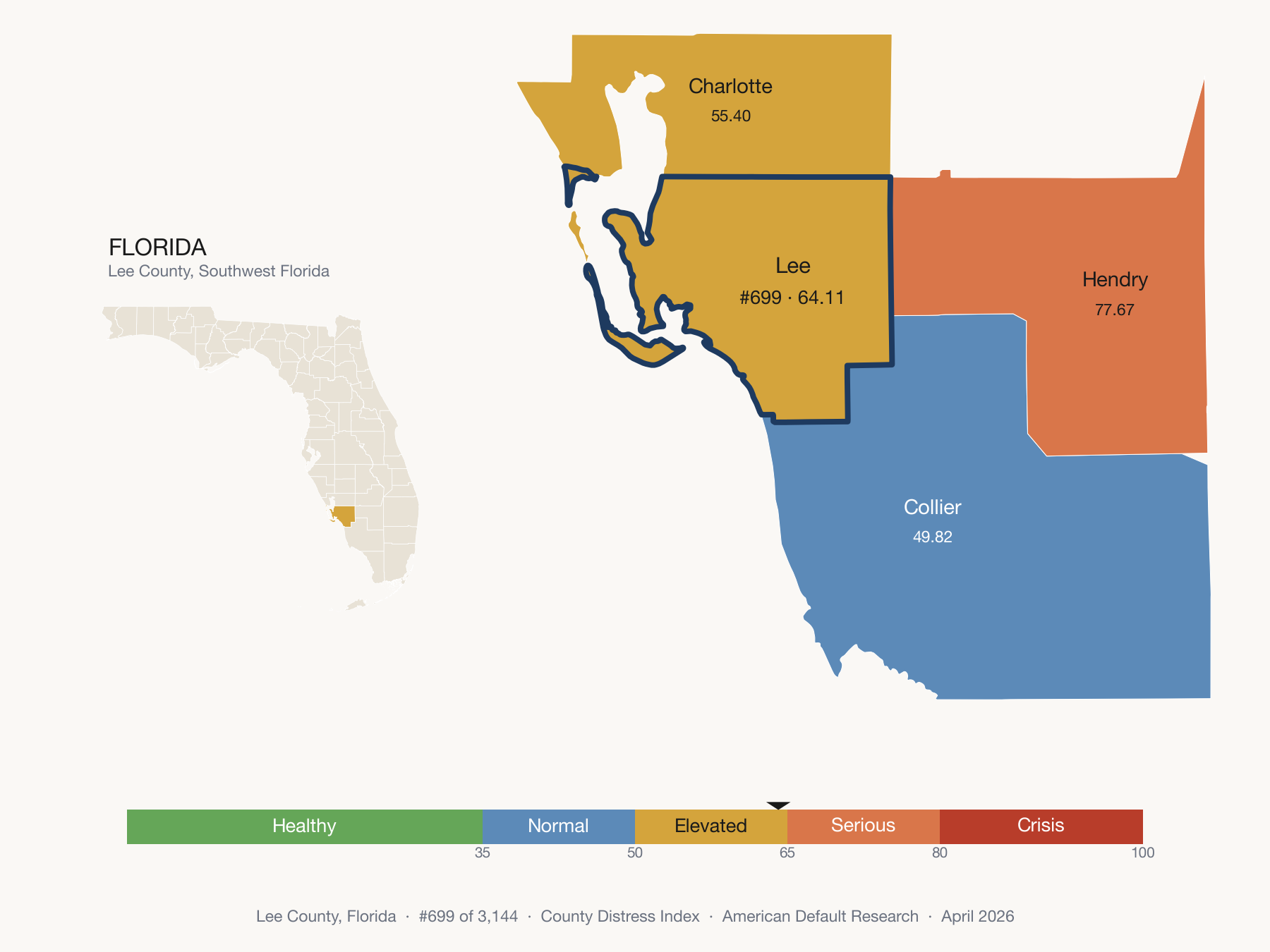 County Distress Index cluster map. Lee County, Florida and its neighbors colored by distress fifth.