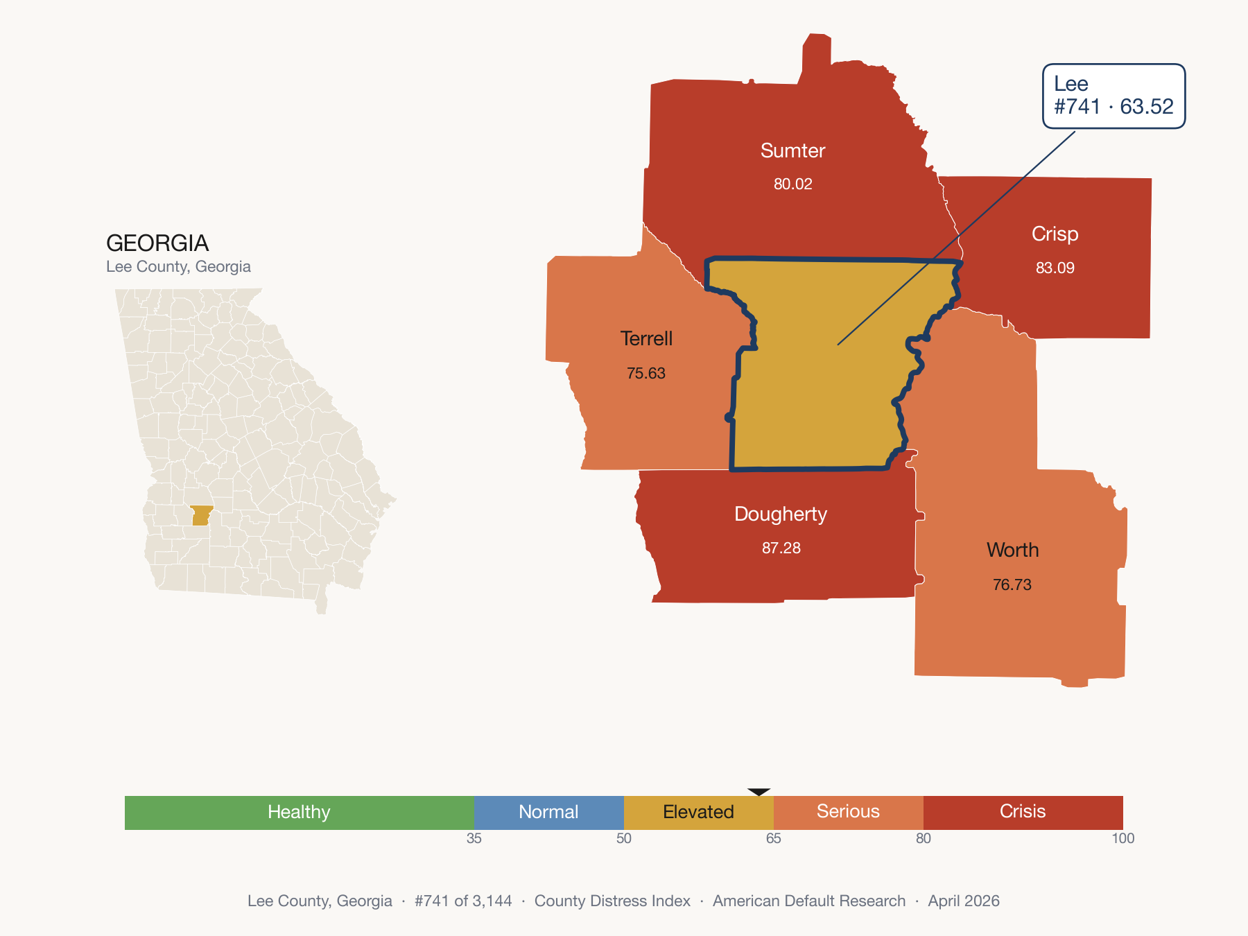 County Distress Index cluster map. Lee County, Georgia and its neighbors colored by distress fifth.