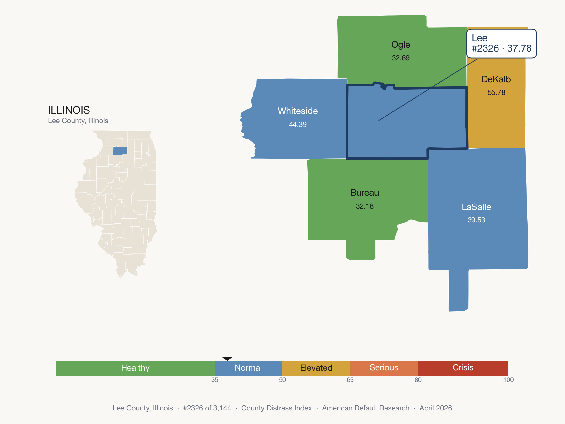 County Distress Index cluster map. Lee County, Illinois and its neighbors colored by distress fifth.