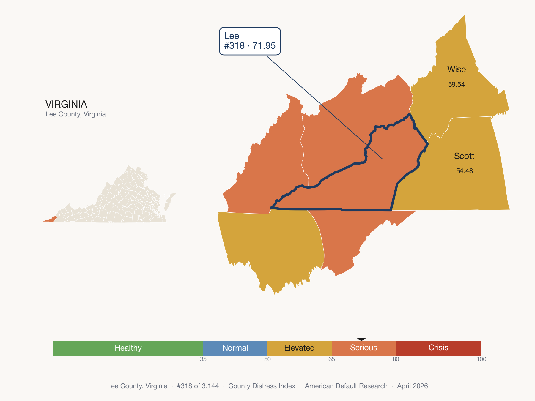 County Distress Index cluster map. Lee County, Virginia and its neighbors colored by distress fifth.