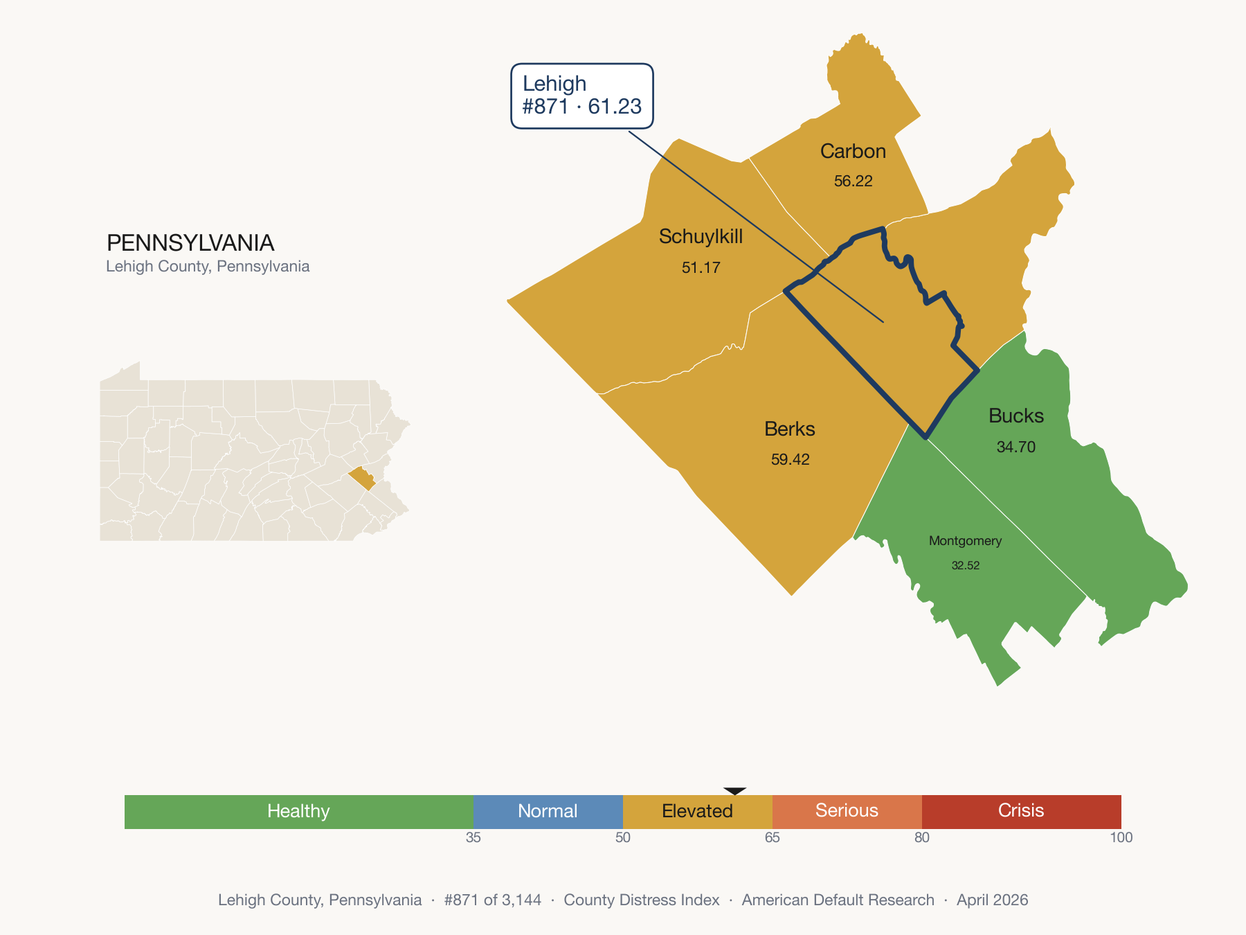 County Distress Index cluster map. Lehigh County, Pennsylvania and its neighbors colored by distress fifth.