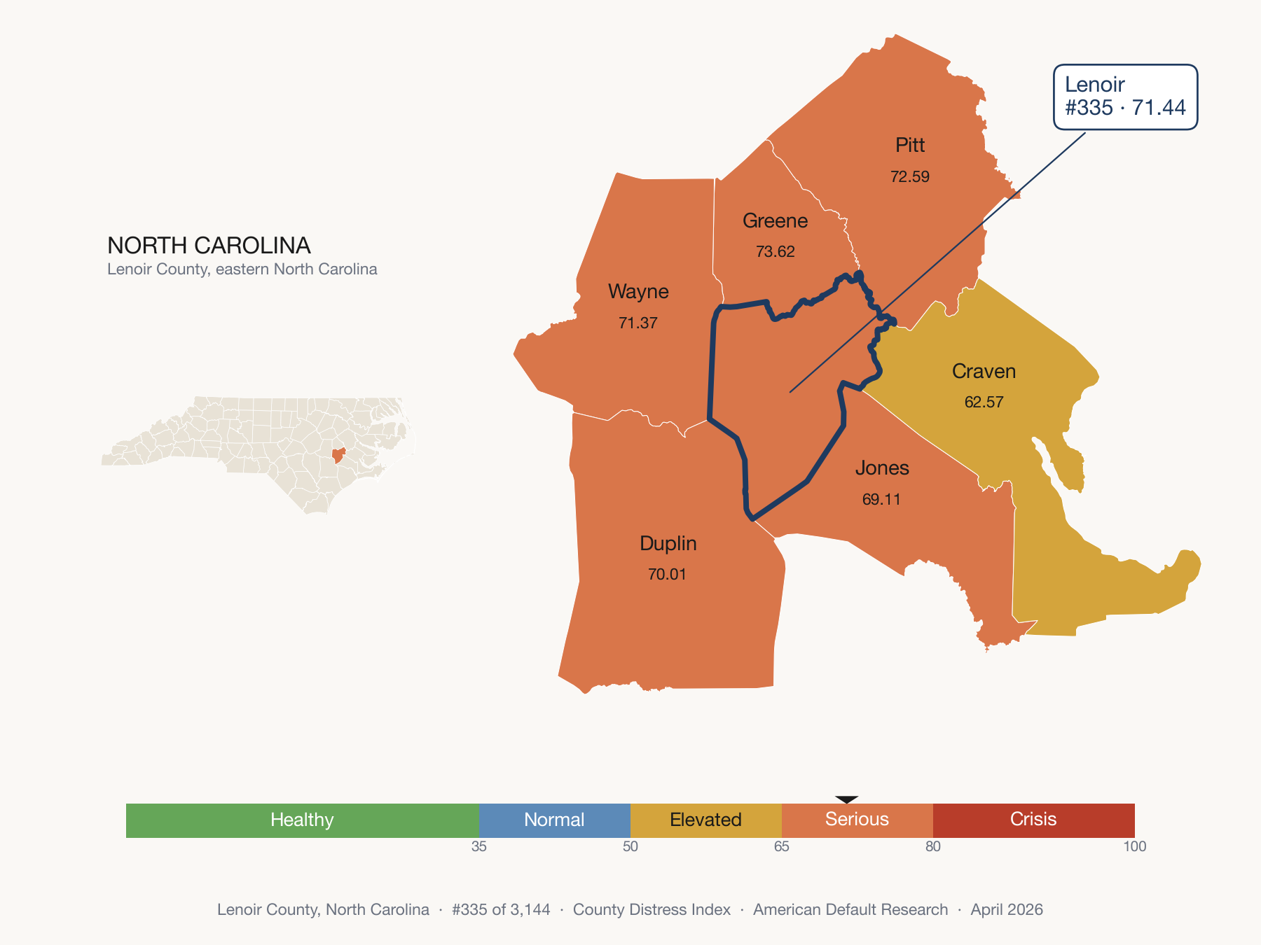 County Distress Index cluster map. Lenoir County, North Carolina and its neighbors colored by distress fifth.