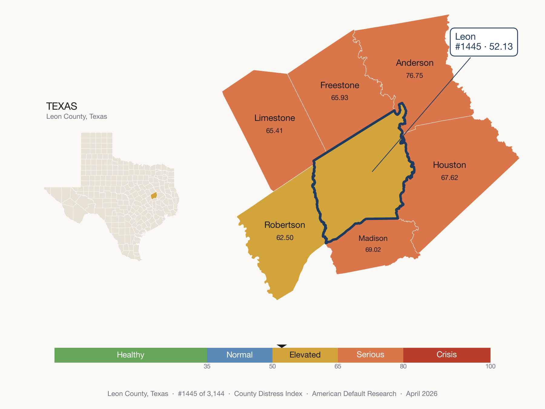 County Distress Index cluster map. Leon County, Texas and its neighbors colored by distress fifth.
