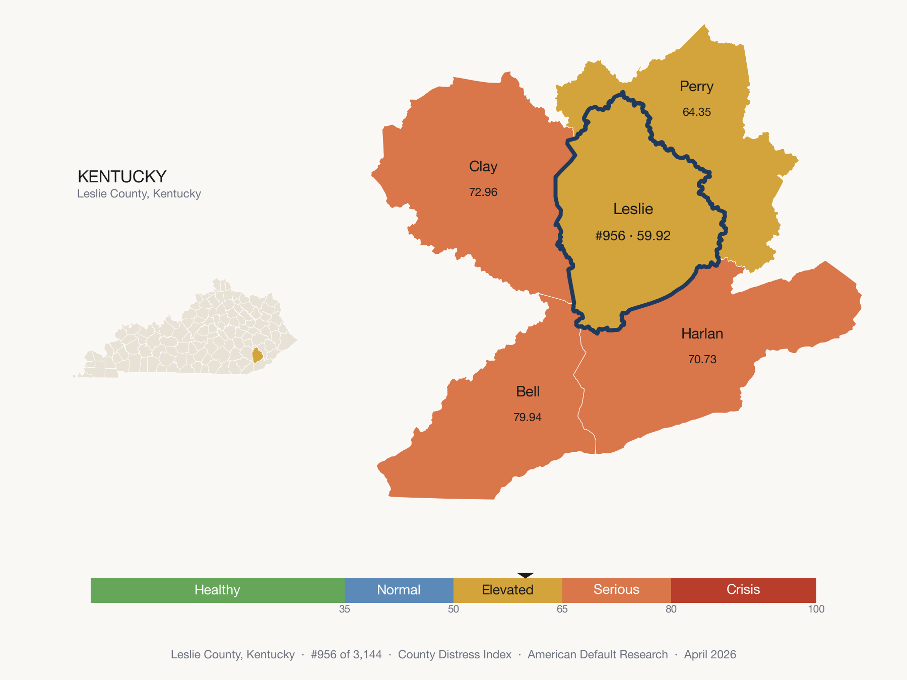 County Distress Index cluster map. Leslie County, Kentucky and its neighbors colored by distress fifth.