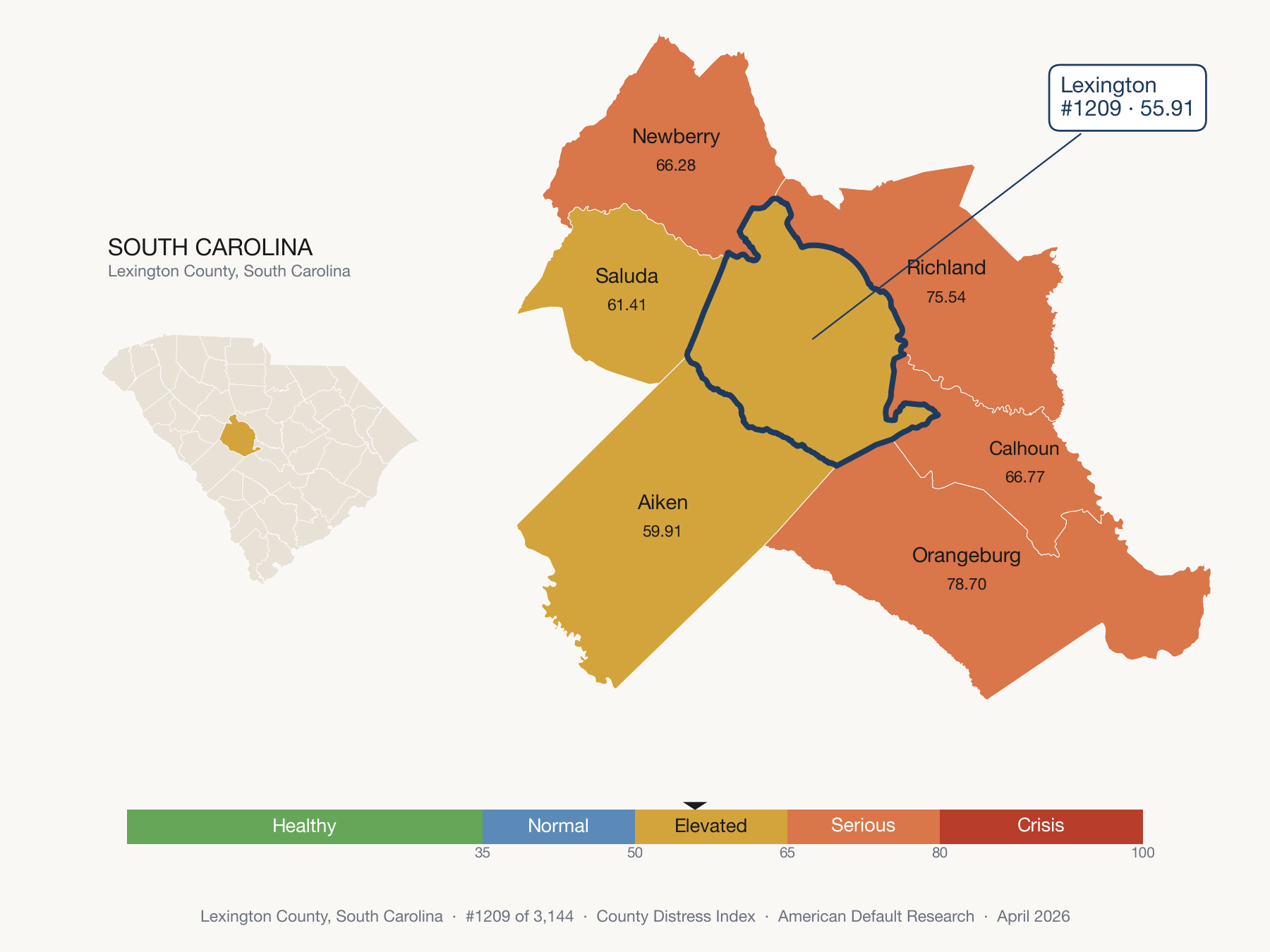 County Distress Index cluster map. Lexington County, South Carolina and its neighbors colored by distress fifth.