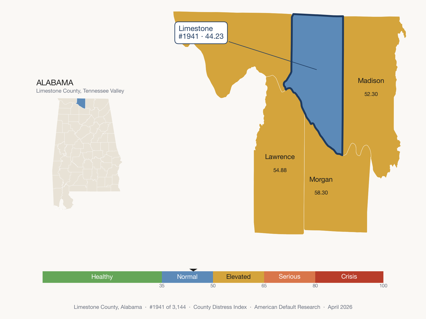 County Distress Index cluster map. Limestone County, Alabama and its neighbors colored by distress fifth.