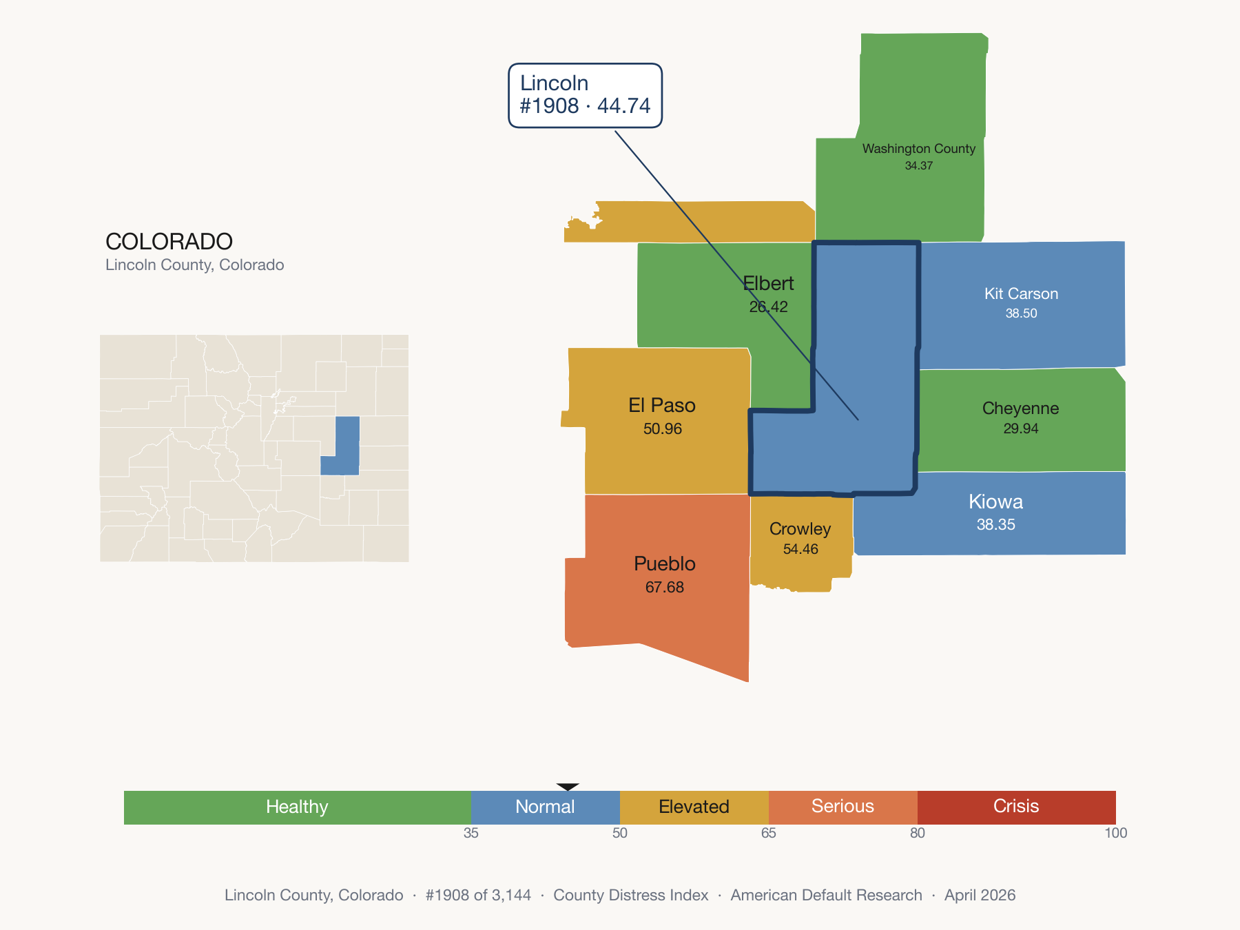 County Distress Index cluster map. Lincoln County, Colorado and its neighbors colored by distress fifth.