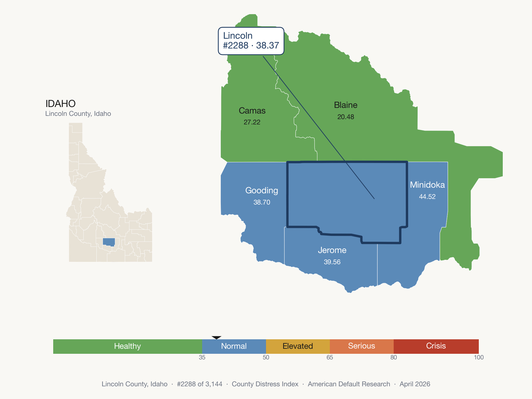 County Distress Index cluster map. Lincoln County, Idaho and its neighbors colored by distress fifth.