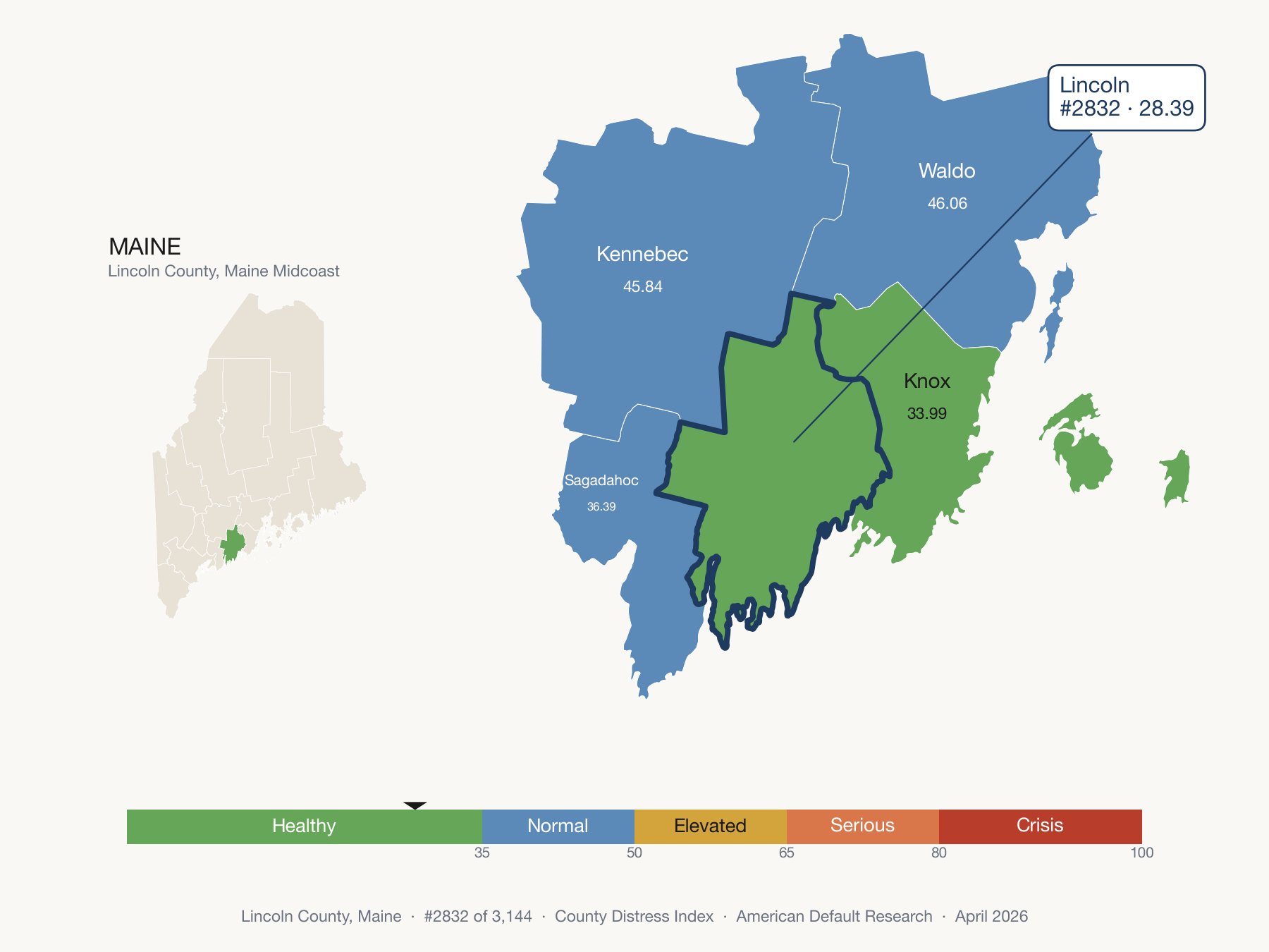 County Distress Index cluster map. Lincoln County, Maine and its neighbors colored by distress fifth.