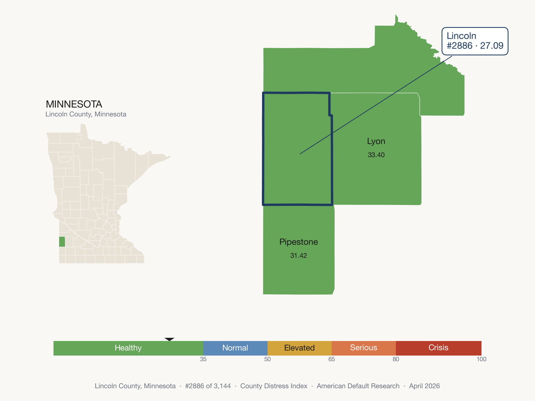 County Distress Index cluster map. Lincoln County, Minnesota and its neighbors colored by distress fifth.
