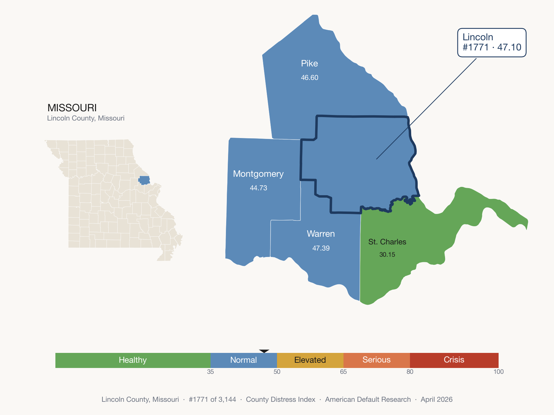 County Distress Index cluster map. Lincoln County, Missouri and its neighbors colored by distress fifth.