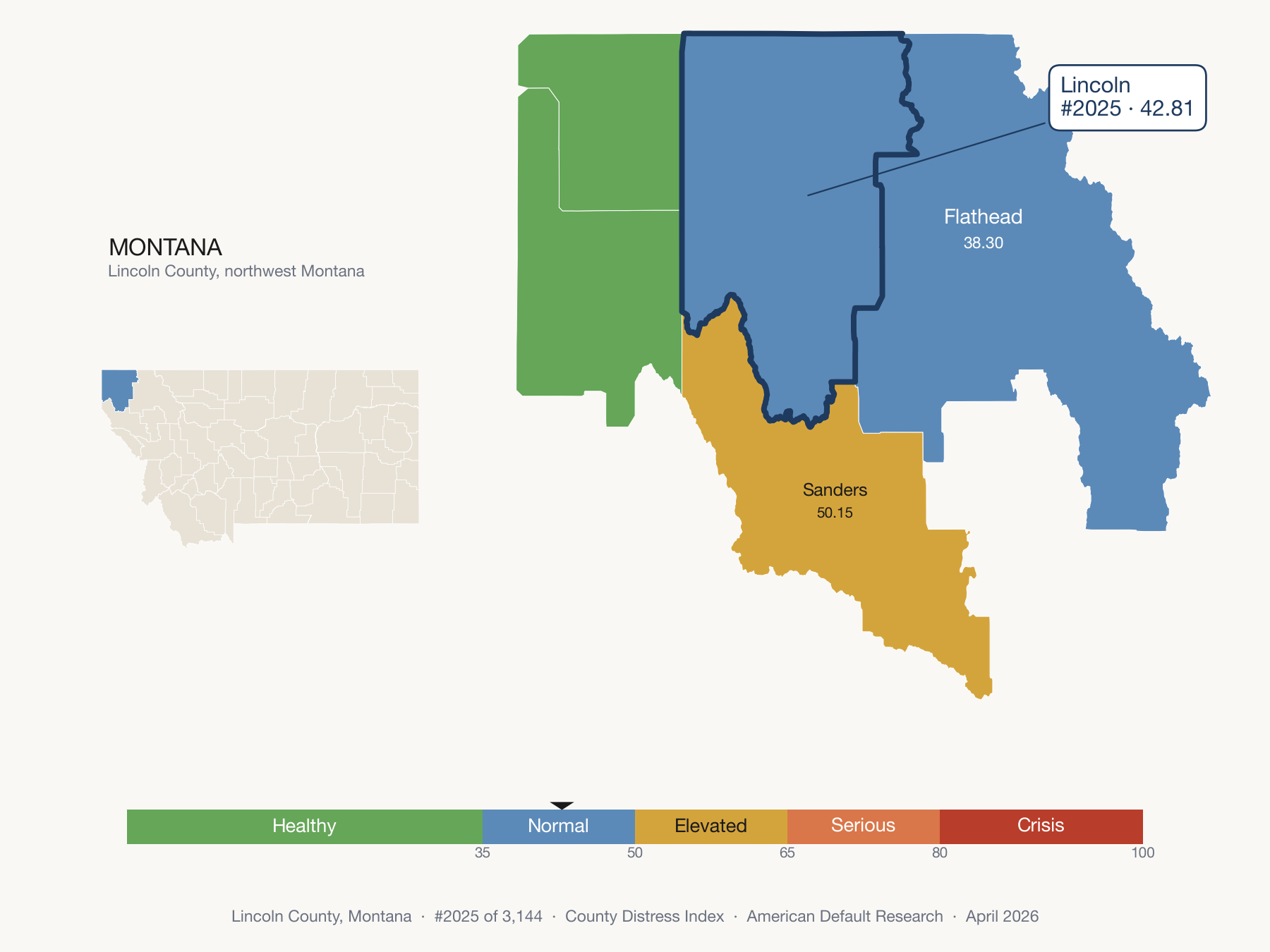 County Distress Index cluster map. Lincoln County, Montana and its neighbors colored by distress fifth.