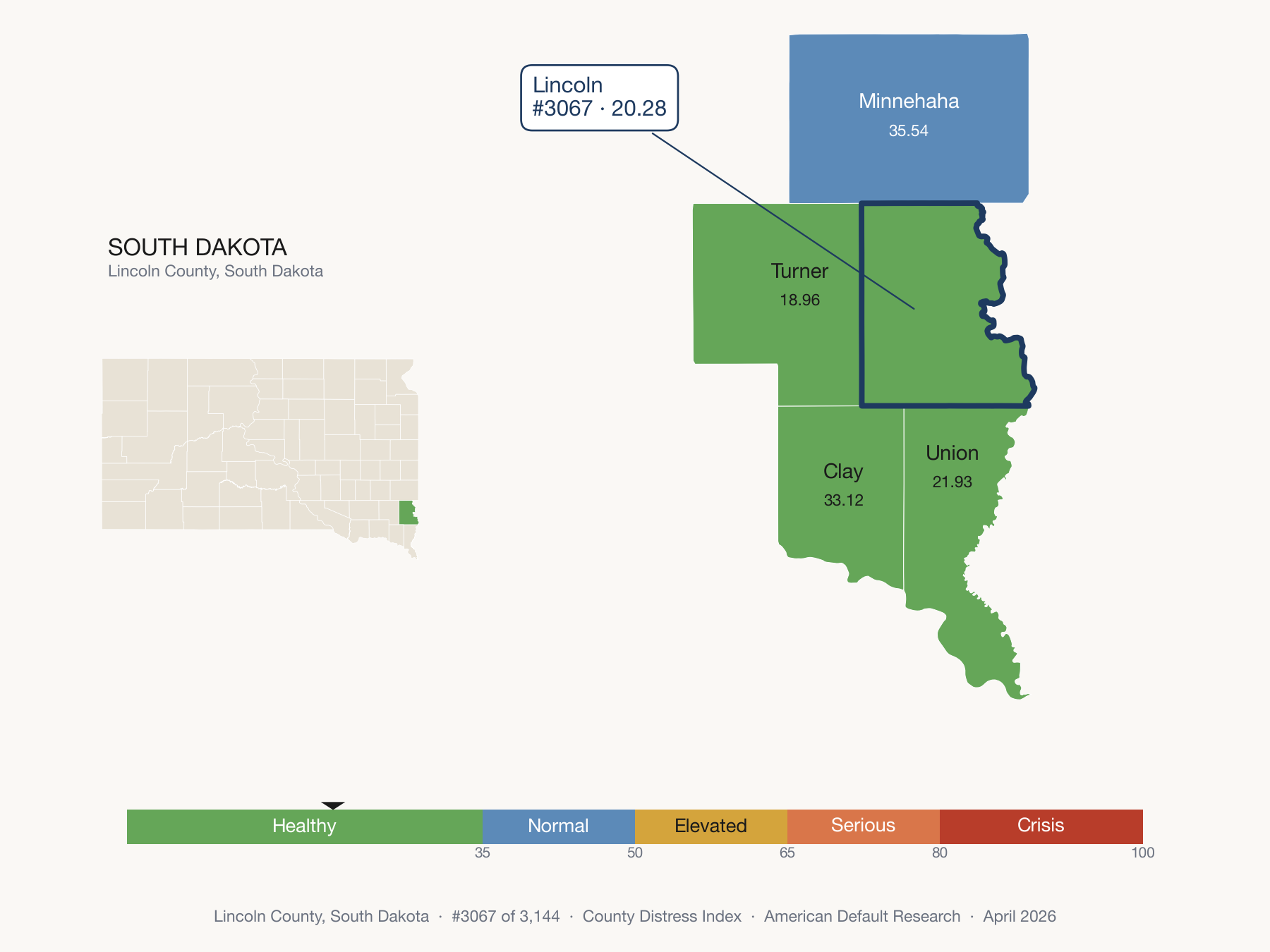 County Distress Index cluster map. Lincoln County, South Dakota and its neighbors colored by distress fifth.