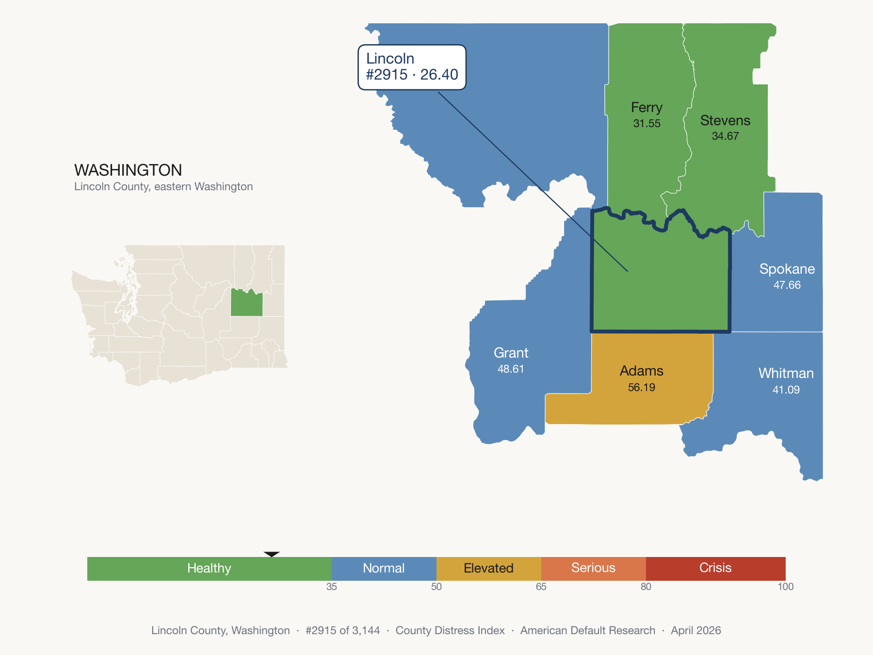 County Distress Index cluster map. Lincoln County, Washington and its neighbors colored by distress fifth.