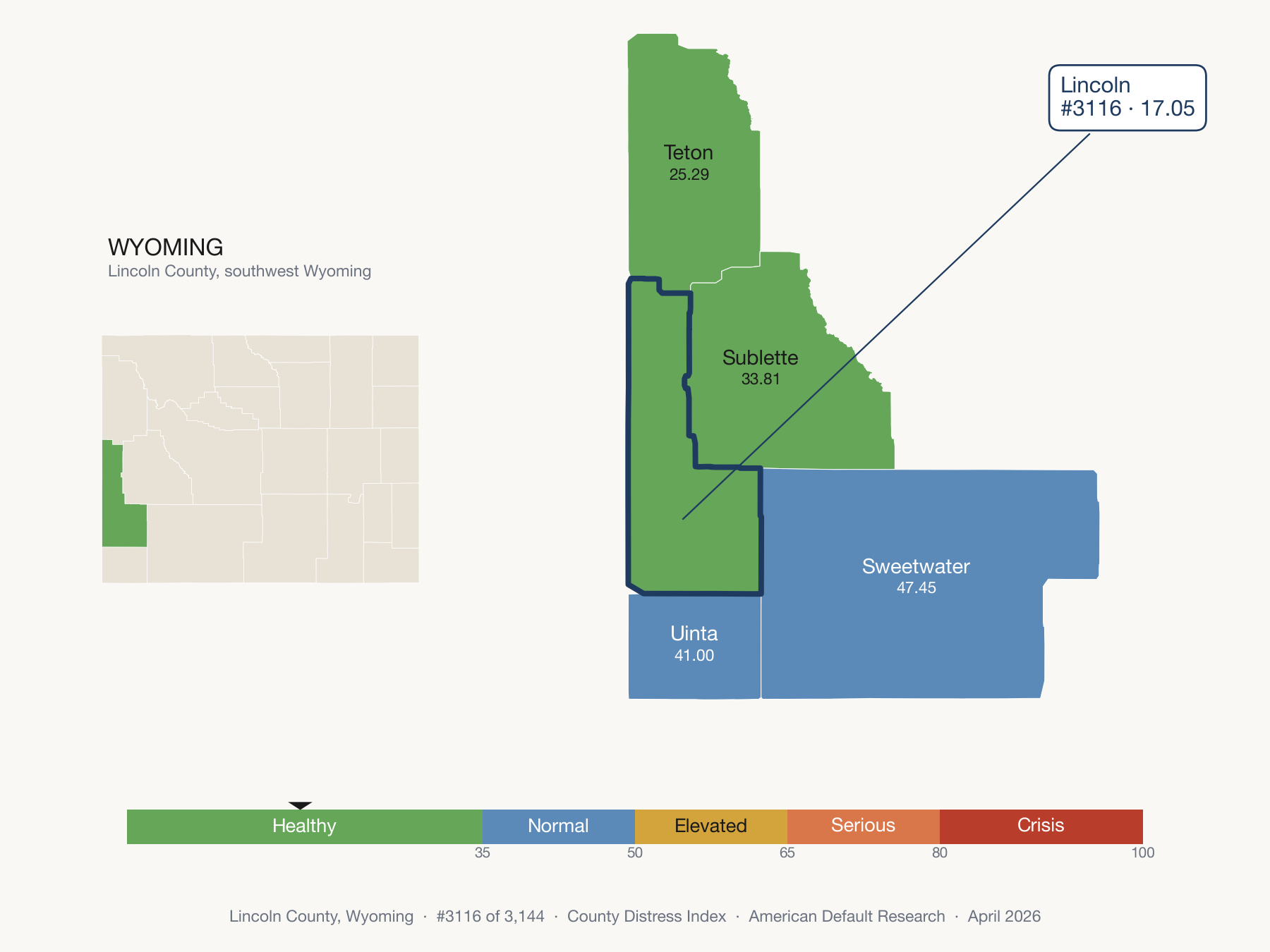 County Distress Index cluster map. Lincoln County, Wyoming and its neighbors colored by distress fifth.