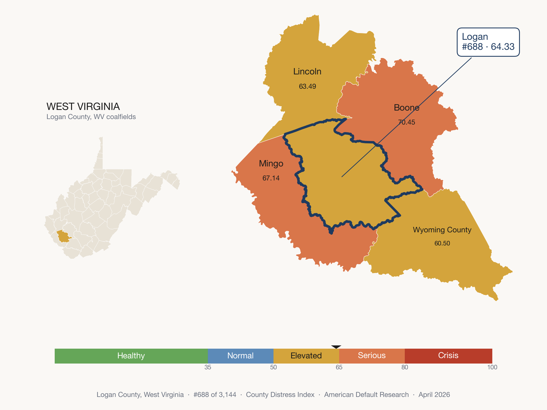 County Distress Index cluster map. Logan County, West Virginia and its neighbors colored by distress fifth.