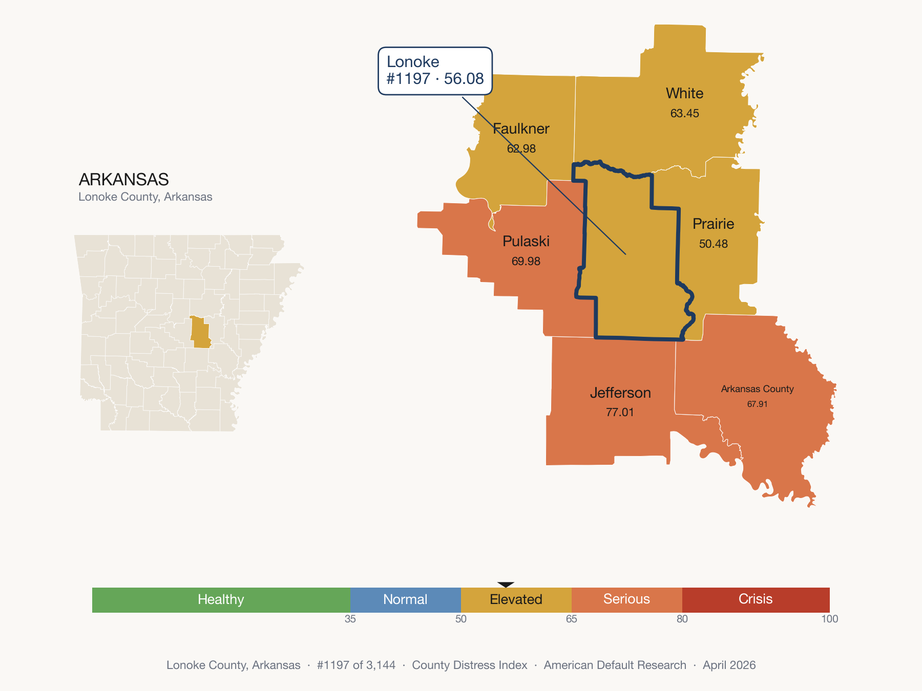 County Distress Index cluster map. Lonoke County, Arkansas and its neighbors colored by distress fifth.