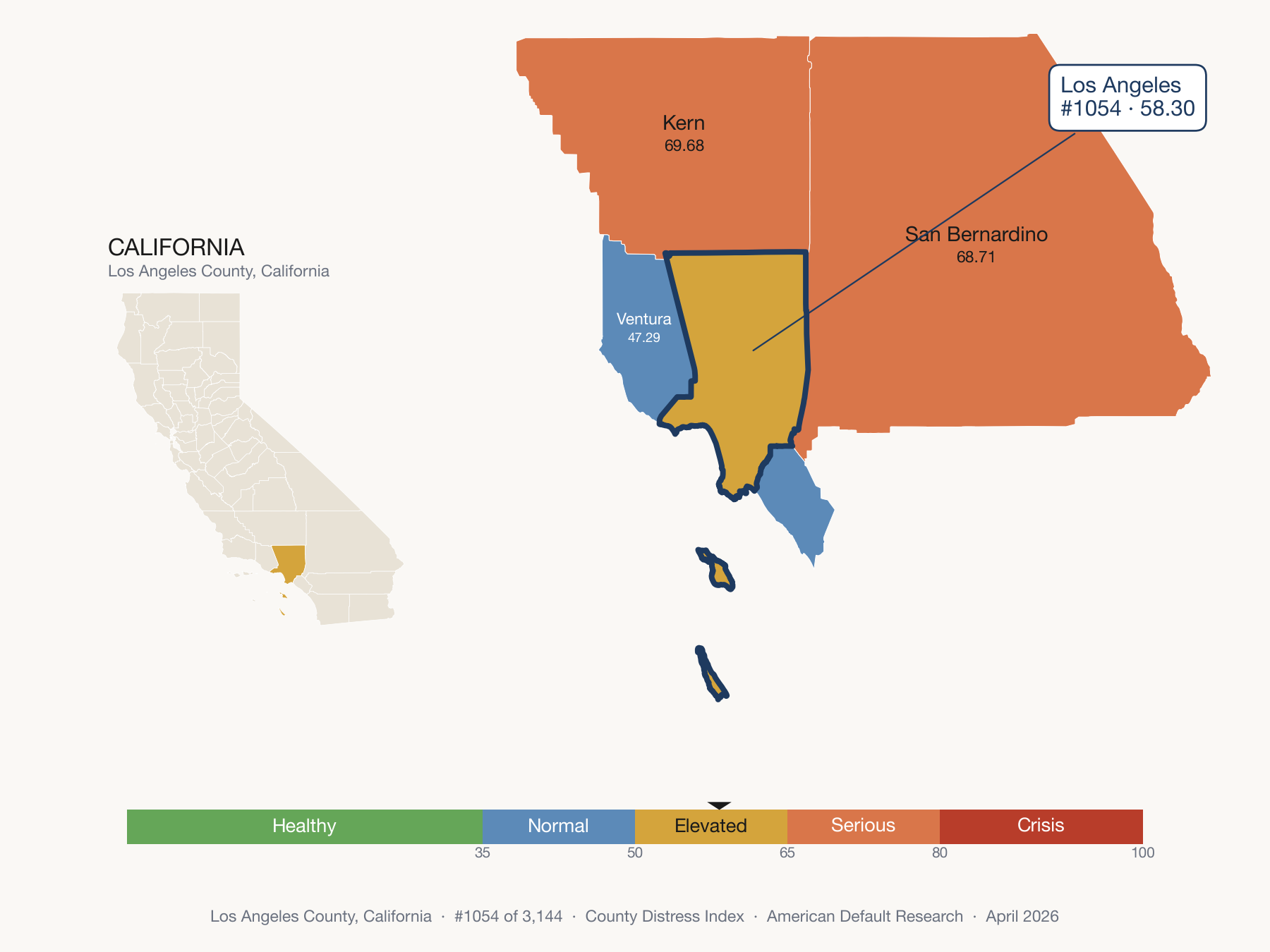 County Distress Index cluster map. Los Angeles County, California and its neighbors colored by distress fifth.