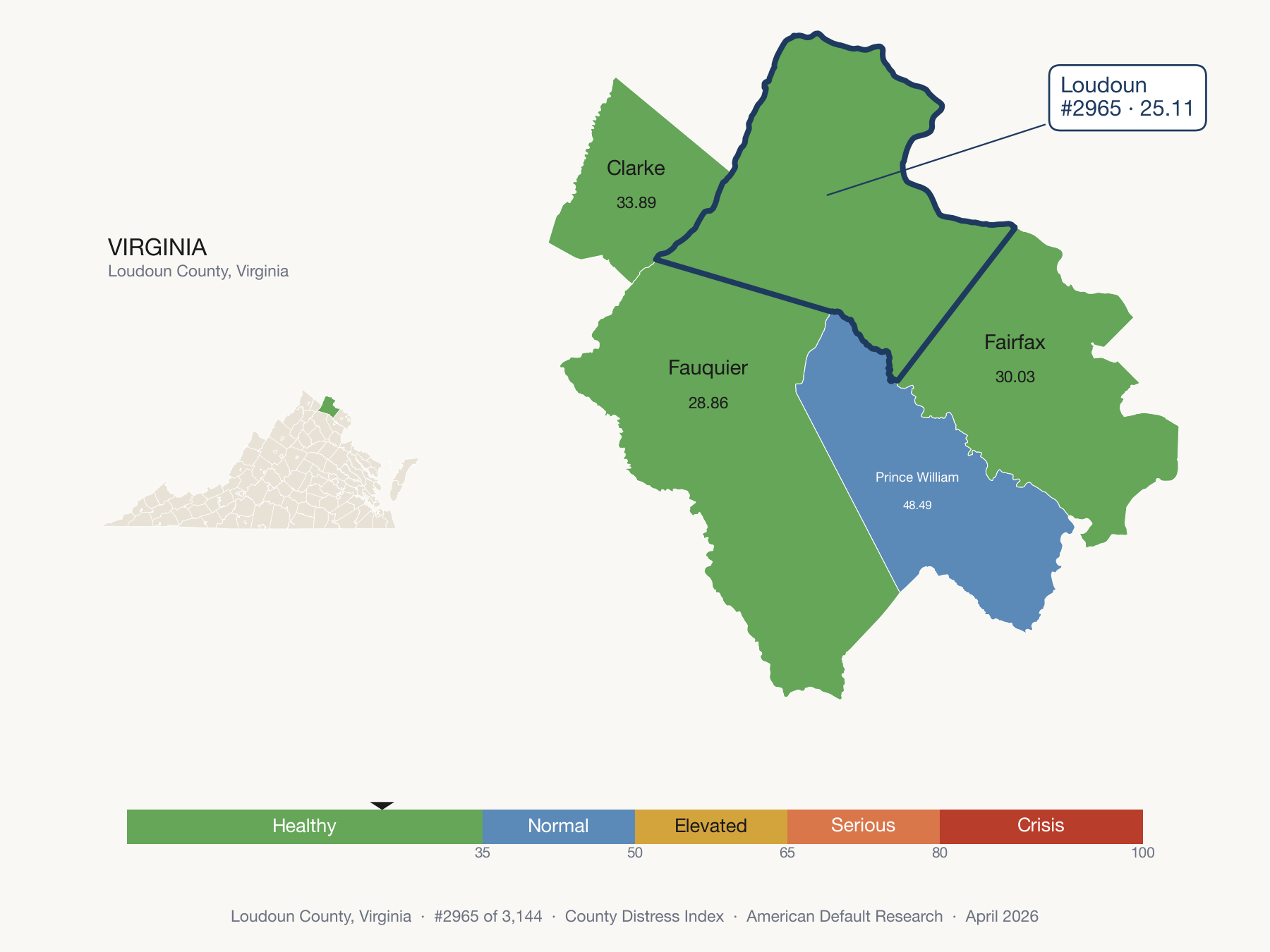 County Distress Index cluster map. Loudoun County, Virginia and its neighbors colored by distress fifth.