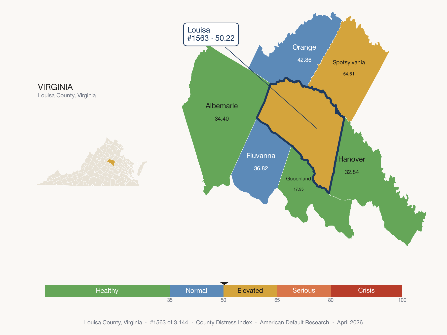 County Distress Index cluster map. Louisa County, Virginia and its neighbors colored by distress fifth.