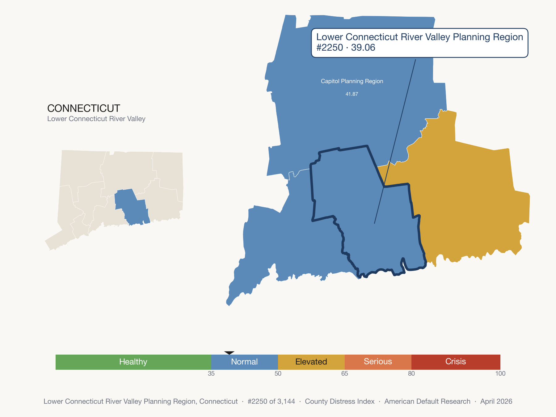 County Distress Index cluster map. Lower Connecticut River Valley Planning Region, Connecticut and its neighbors colored by distress fifth.