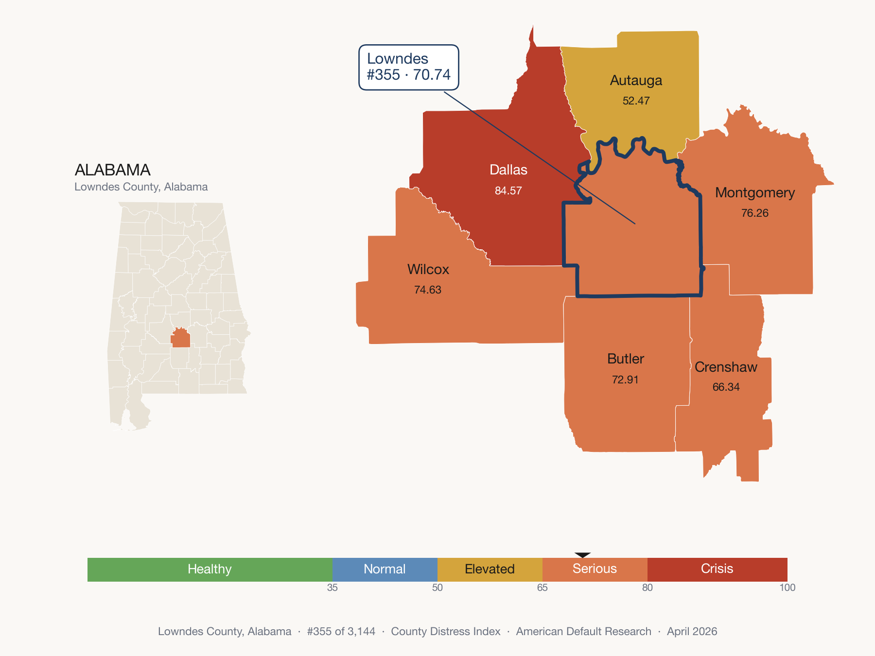 County Distress Index cluster map. Lowndes County, Alabama and its neighbors colored by distress fifth.