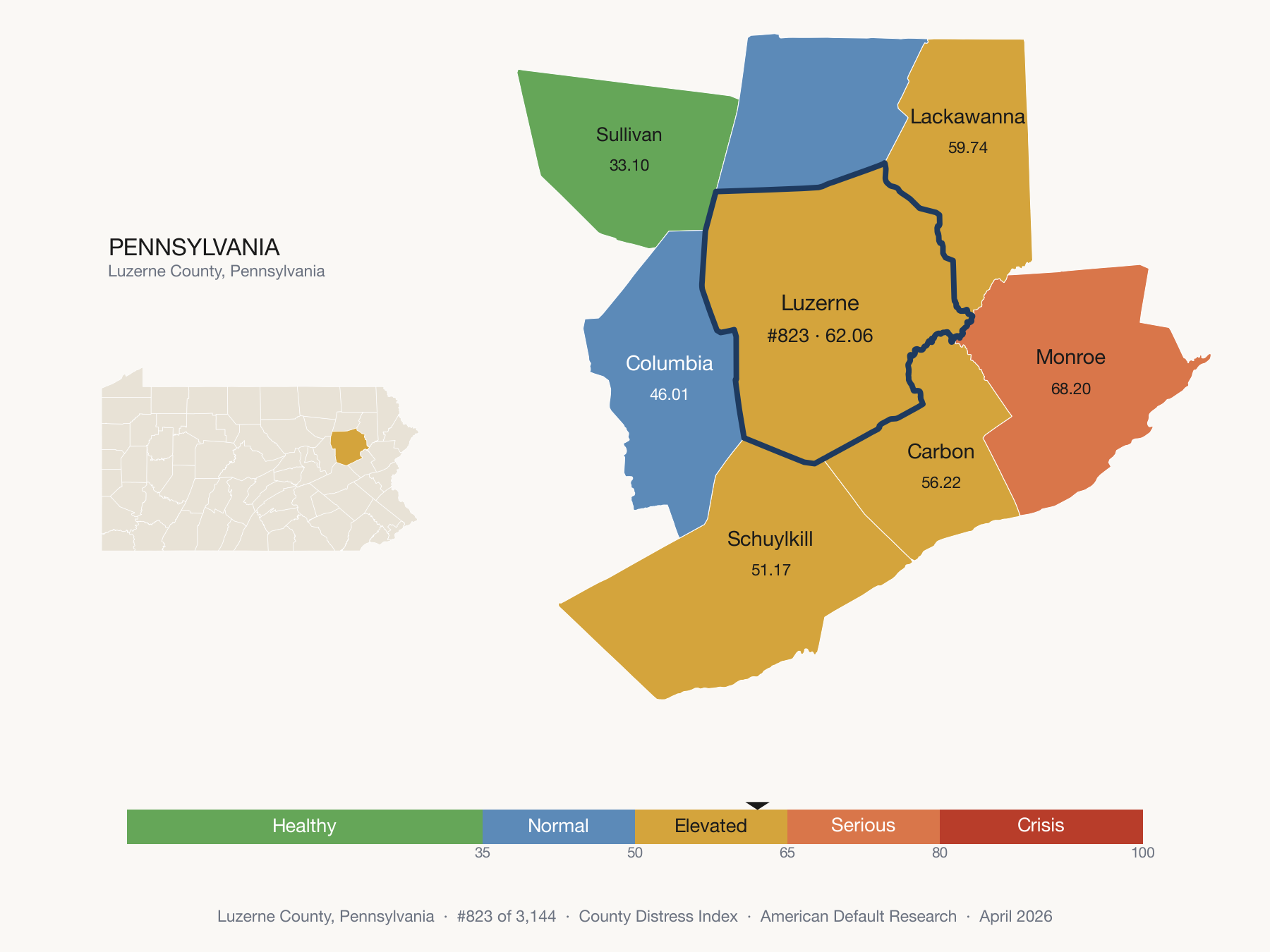 County Distress Index cluster map. Luzerne County, Pennsylvania and its neighbors colored by distress fifth.