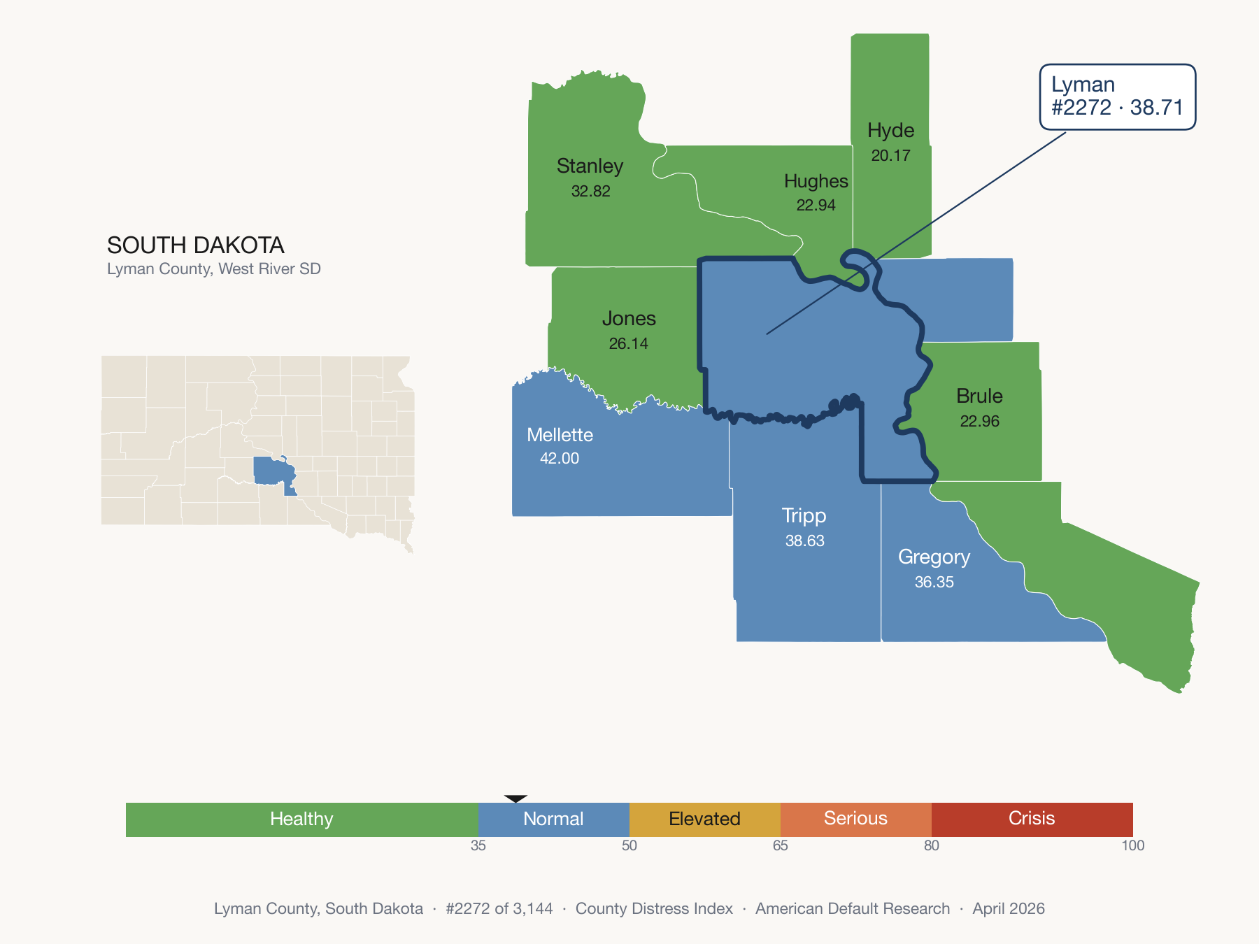 County Distress Index cluster map. Lyman County, South Dakota and its neighbors colored by distress fifth.